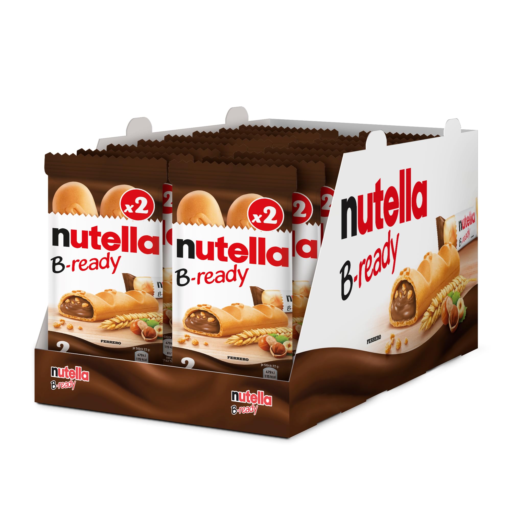Nutella B-Ready, 32 Snack Dolci, Croccante Cialda di Pane con un Cremoso Ripieno di Nutella, 16 Confezioni