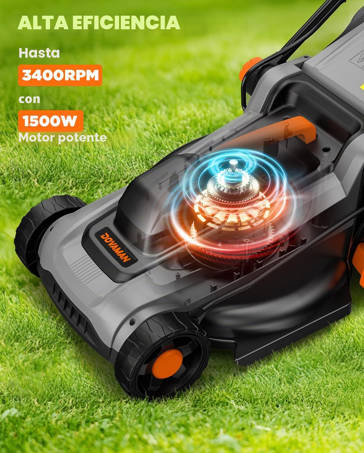 DOVAMAN LA36A Cortacésped Eléctrico 1500W, 36cm Corte, 95% Recogida, Altura 6 Posiciones, Cesto 40L, 2-en-1 Mulching & Recolección, Empuñadura Plegable, Ideal para Jardín & Cuidado del Césped