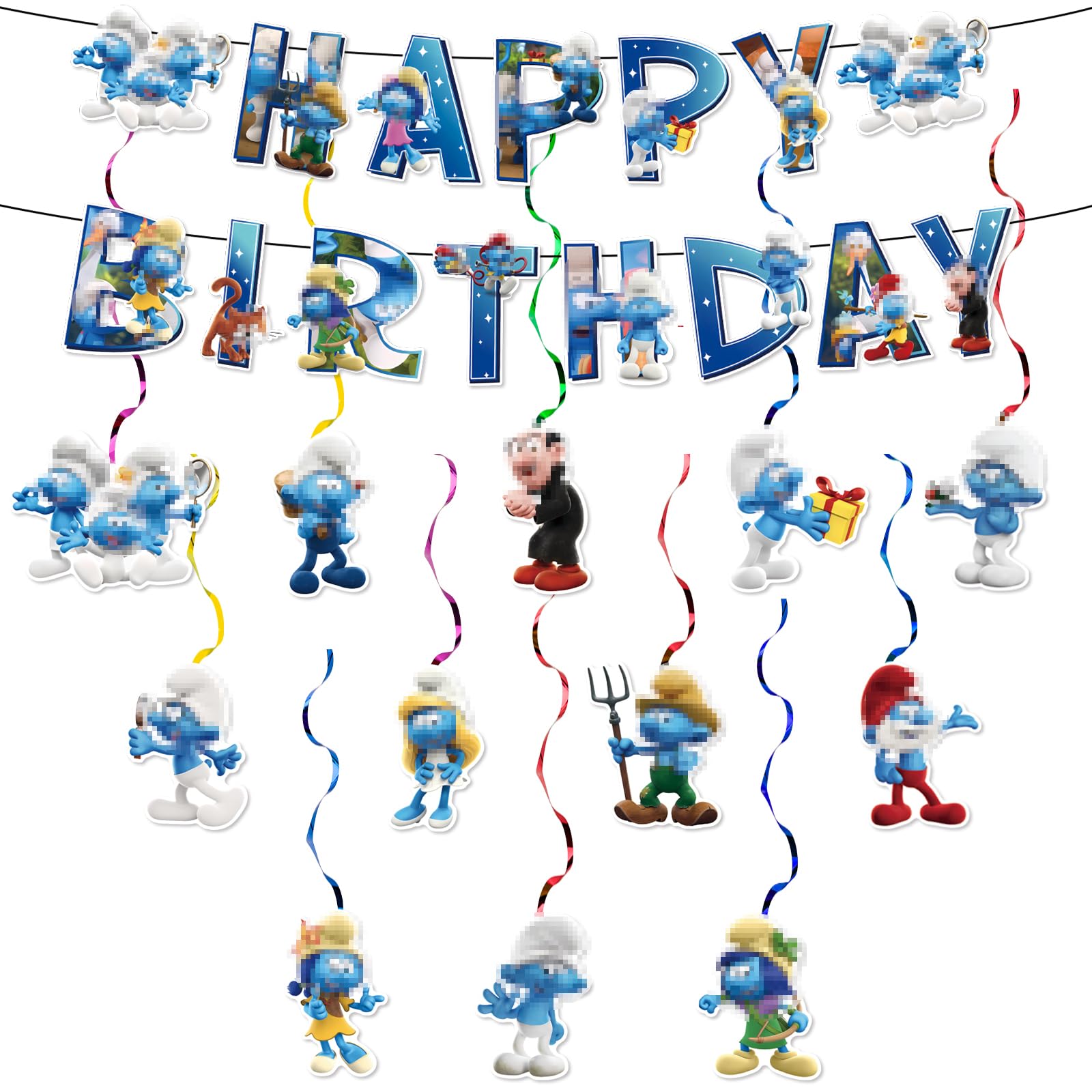 Smurf Birthday Decorations Banner for Boys Girls- 14Pcs ‌Party Decorations Birthday Banner Bunting Garland and Hanging Swirls Decorations Party Pack for Cartoon Theme Party Supplies
