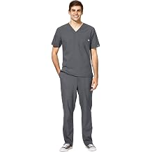 WonderWink W123 Mens V-Neck Top & Flat Front Cargo Pocket Pant Scrub Set + Badge Reel
