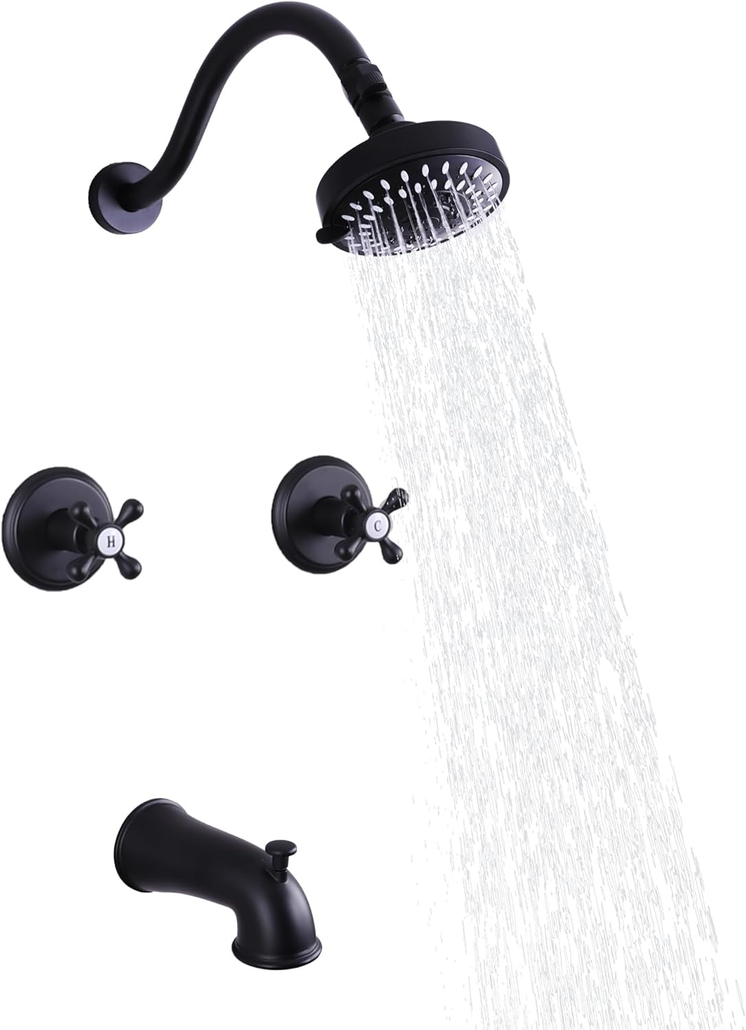 BEIYI 2 Handle Tub Shower Faucet, Matte Black Two Handle Shower Faucet Set 5 Mode Shower Head