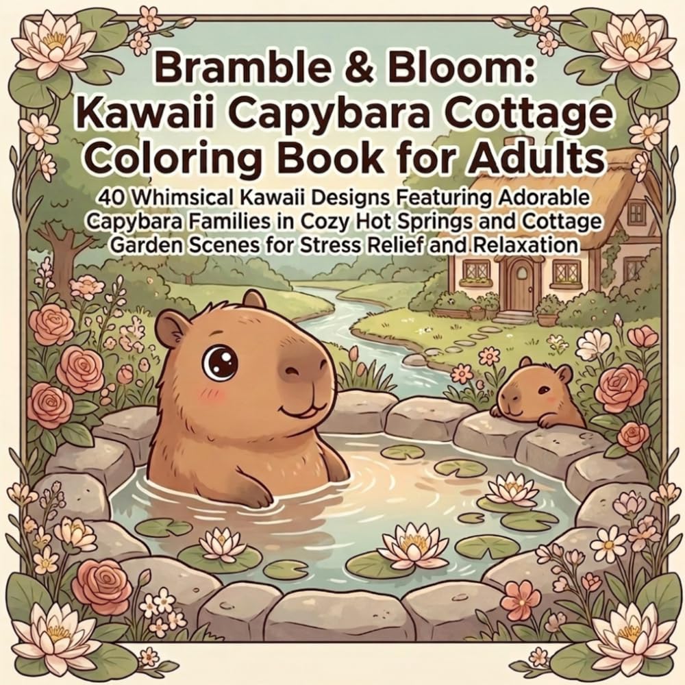 Bramble & Bloom: Kawaii Capybara Cottage Coloring Book for Adults: 40 Whimsical Kawaii Designs Featuring Adorable Capybara Families in Cozy Riverside ... Scenes for Stress Relief and Relaxation
