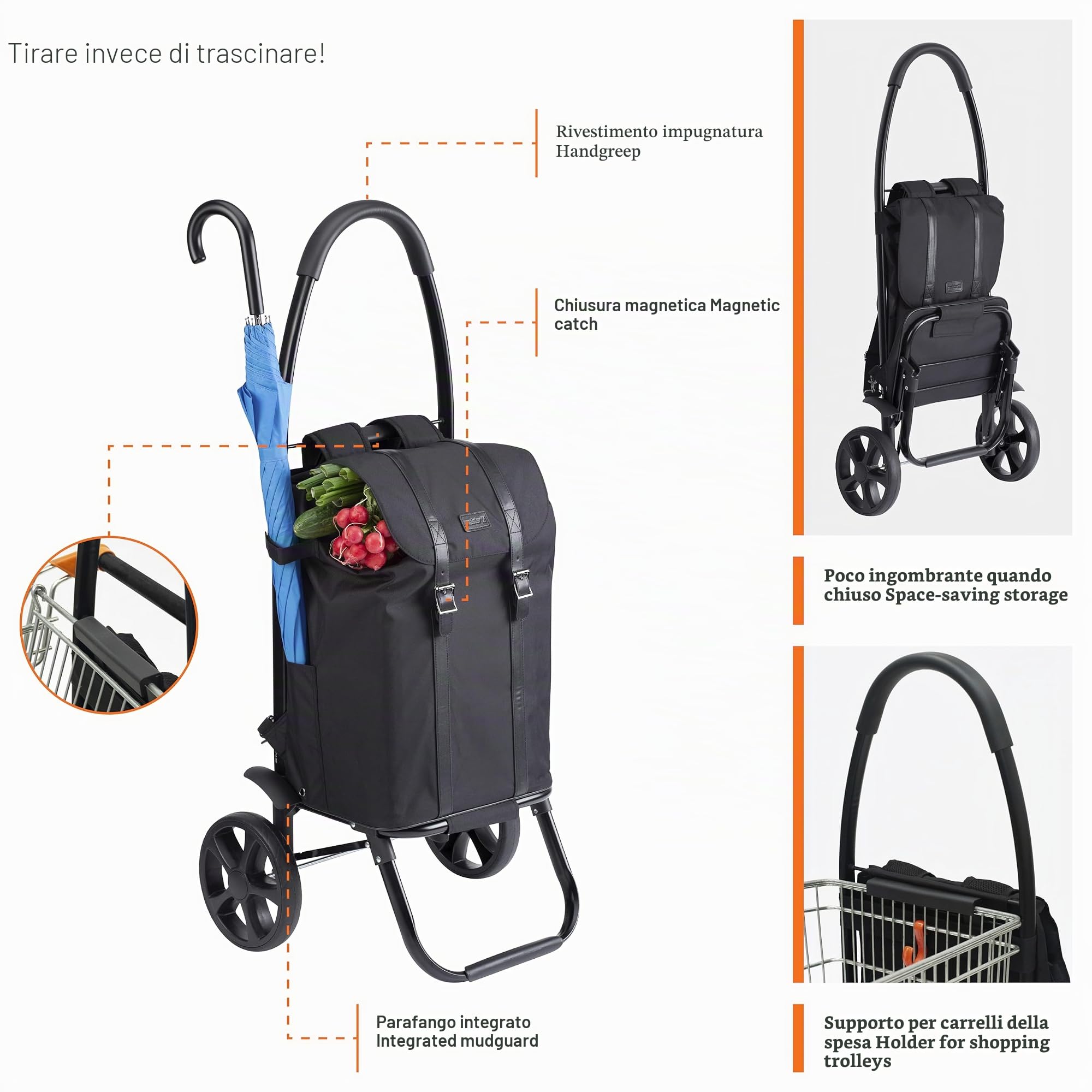 Meister Trolley per la spesa e zaino da 45 l, pieghevole con zaino rimovibile e telaio come carrello per la spesa, borsa resistente alla pioggia, con gancio per carrello della spesa, nero