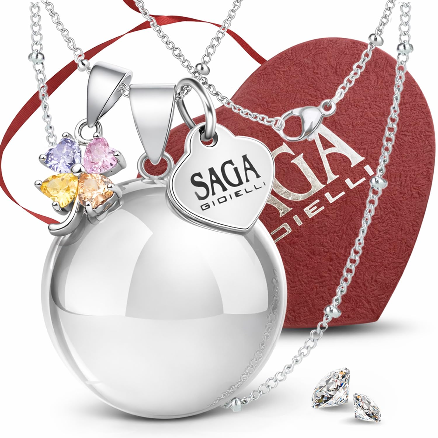 SAGA GIOIELLI - Collana Chiama Angeli Gravidanza Ciondolo Richiamo Degli Angeli Gravidanza, Idee Regali per Donne Incinte come Porta Fortuna, Regalo per Futura Mamma (Quadrifoglio Multicolor)