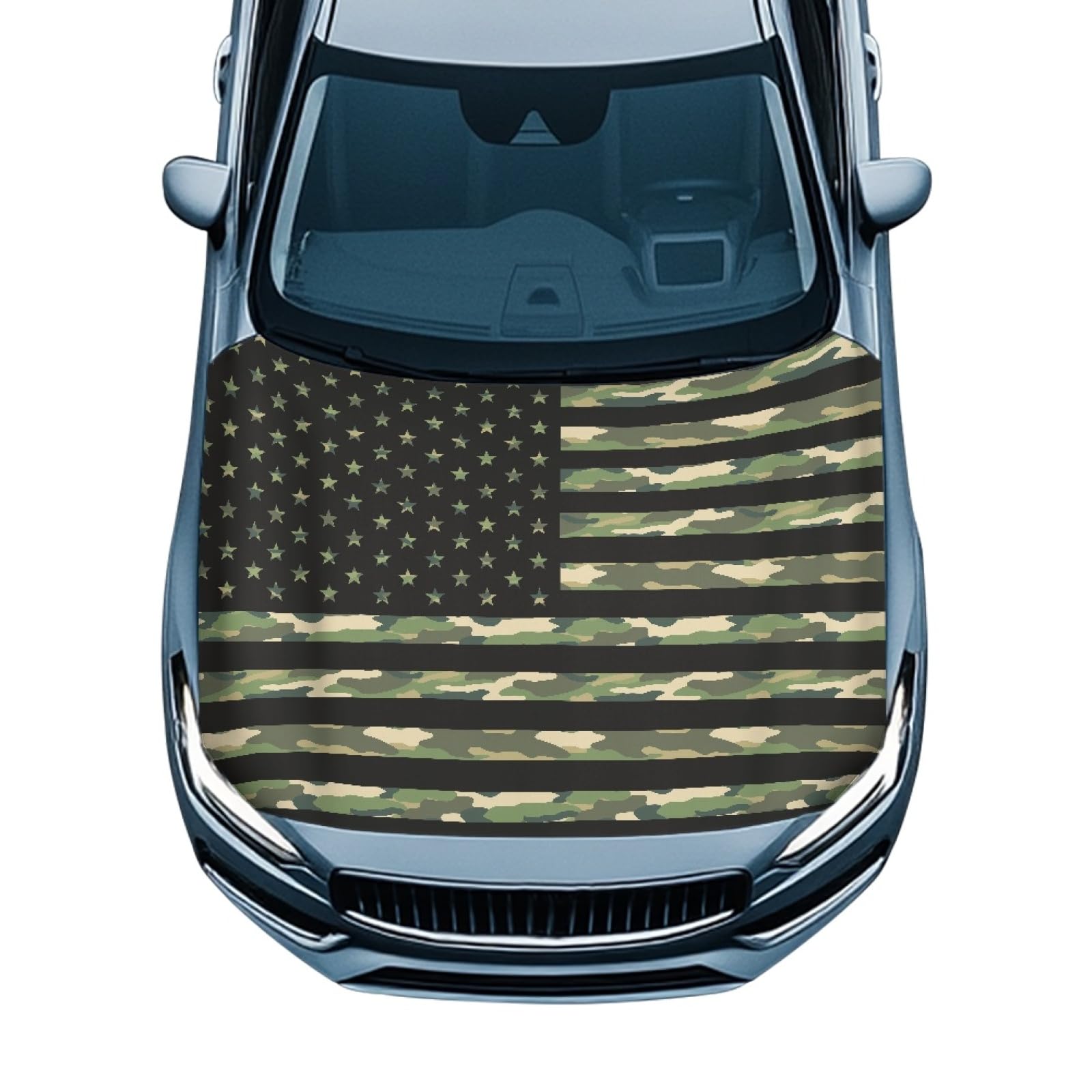 Car Hood Cover Elastic Fabrics Waterproof Dustproof Auto Hood Decoration and Protection Removable Automotive Accessories for Vehicle Sedans, Camo Flag