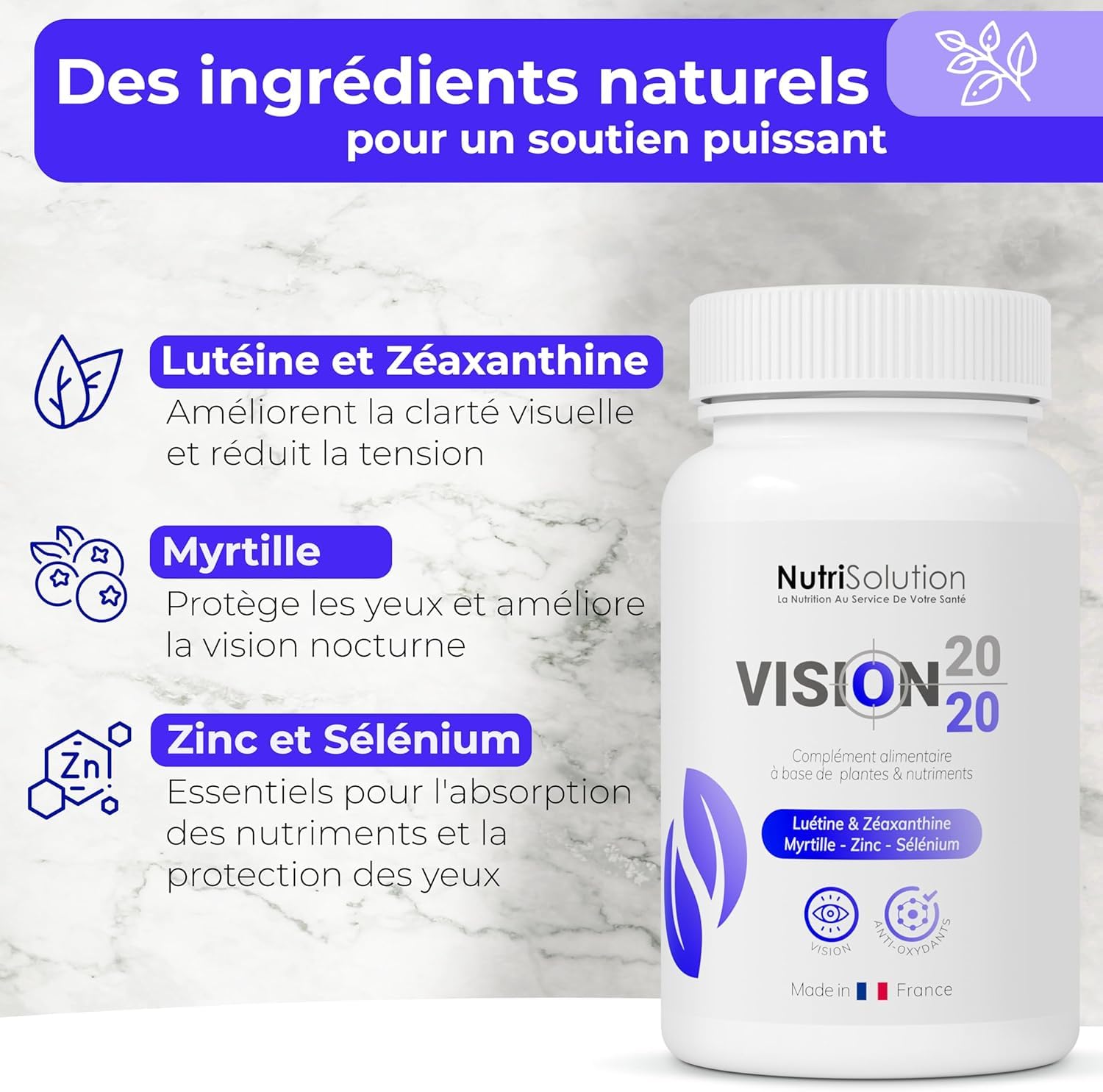Vision 20/20 : Complément Naturel pour la Santé des Yeux à Base de Myrtille, Lutéine et Zéaxanthine - Favorise une Vision Claire - 30 gélules véganes - Fabriqué en France par NutriSolution (1)