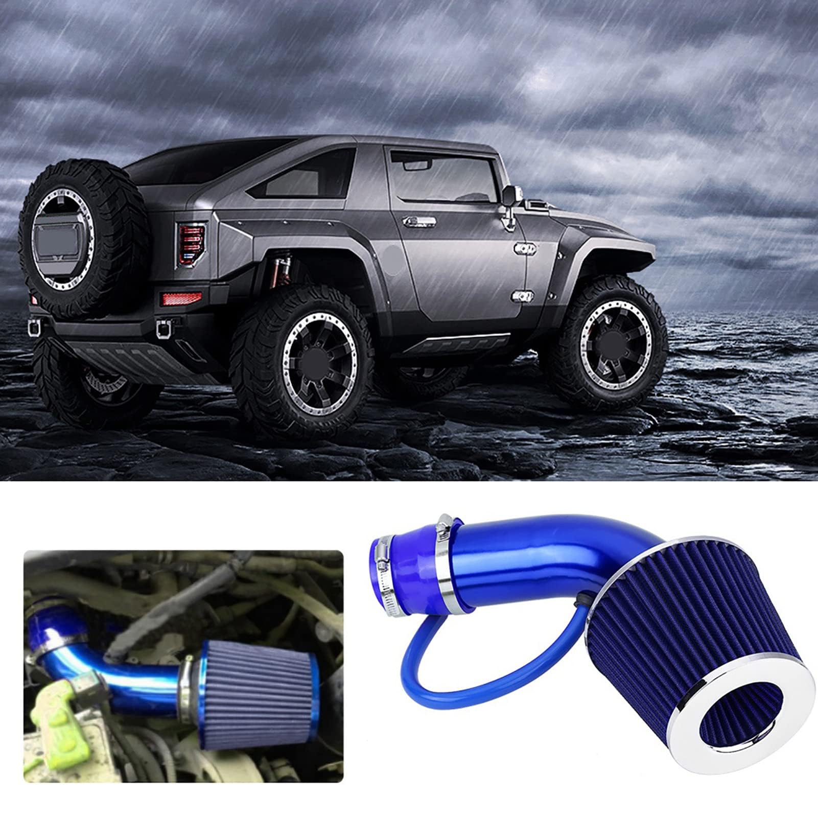 Universal Sportowy Filtr Powietrza, 76 mm, Zestaw Filtrów Wlotu Powietrza, Zestaw Filtrów Ssących Zimnego Powietrza z Wężem Aluminiowym, Niebieski