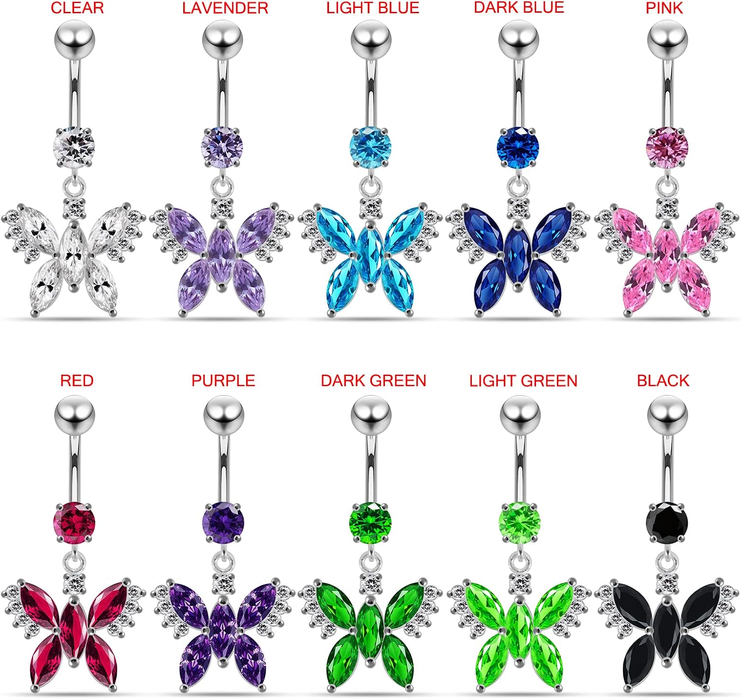 Stylish Studded Butterfly Dangling Design 925 Sterling Silver with Stainless Steel Belly Ring - Belly Button jewelry - Navel jewelry