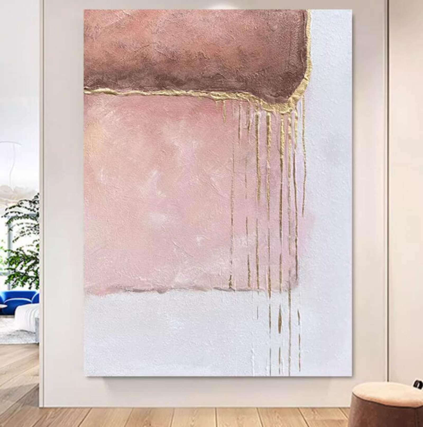 Peinture murale moderne de luxe avec feuille d'or 3D abstraite rose