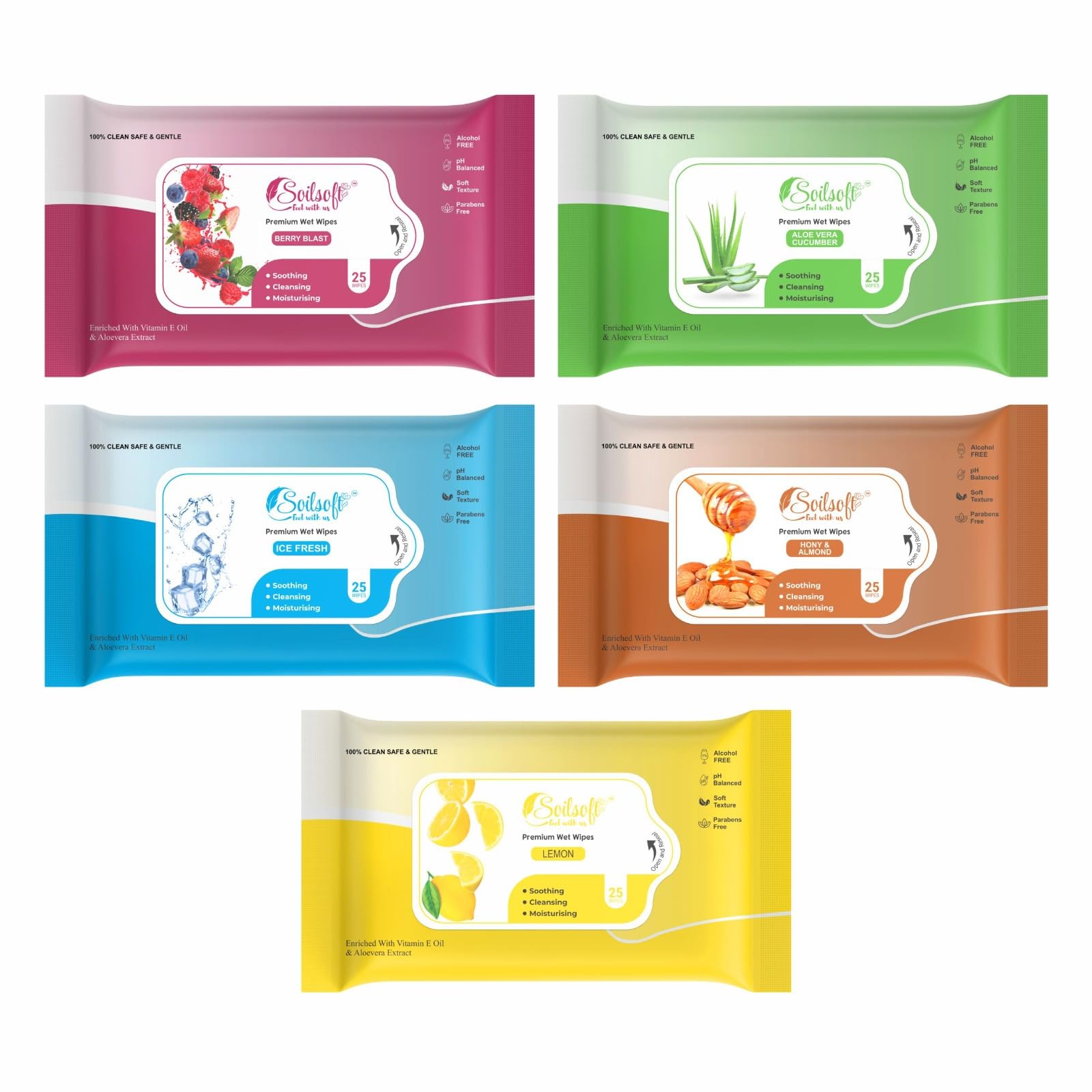 Soilsoft Fresh Lime Wet Wipes 25 Sheets | Alcohol Free Face & Hand Cleansing Wipes | pH Balanced Refreshing Moist Wipes | Travel Size Gentle Skin Care Resealable Pack (BB + AL + IC + H&A + LEM)-image-7
