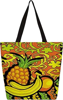Sacola de lona feminina étnica abacaxi banana grandes sacolas para homens com bolsos sacolas de compras resistentes sacolas de compras reutilizáveis, bolsa de ombro casual para escola, trabalho, praia, Multicor