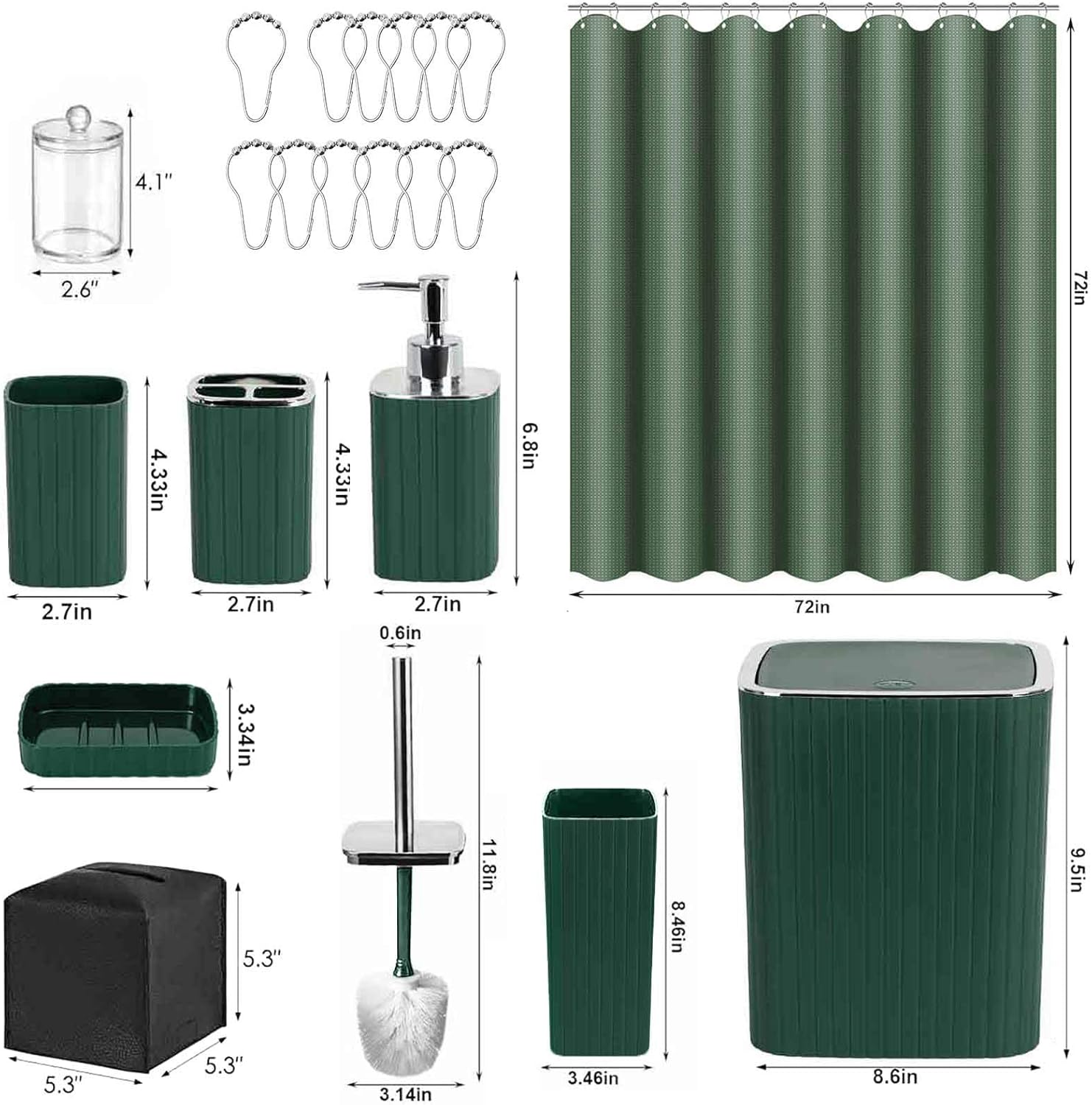 Bathroom Accessories Set, 21Pcs Green&Silver Bathroom Set, Including Shower Curtain, Toothbrush Holder, Trash Can, Toilet Brush, Bathroom Soap Dispenser Set for Bathroom Decor