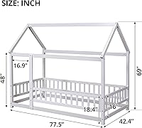 Vista 2 de LLS - Base de cama individual de suelo con valla, cama Montessori de madera, cama de casa para dormitorio de niños y niñas, blanca Blanco