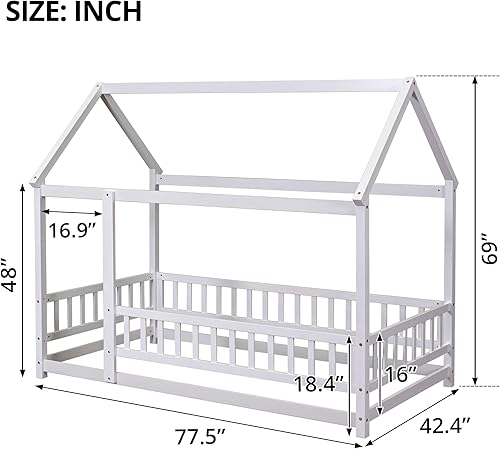 Miniatura 2 de LLS Twin Floor Bed Frame with Fence, Wooden Montessori Bed, House Bed for Boys Girls Bedroom, White Blanco,Azul