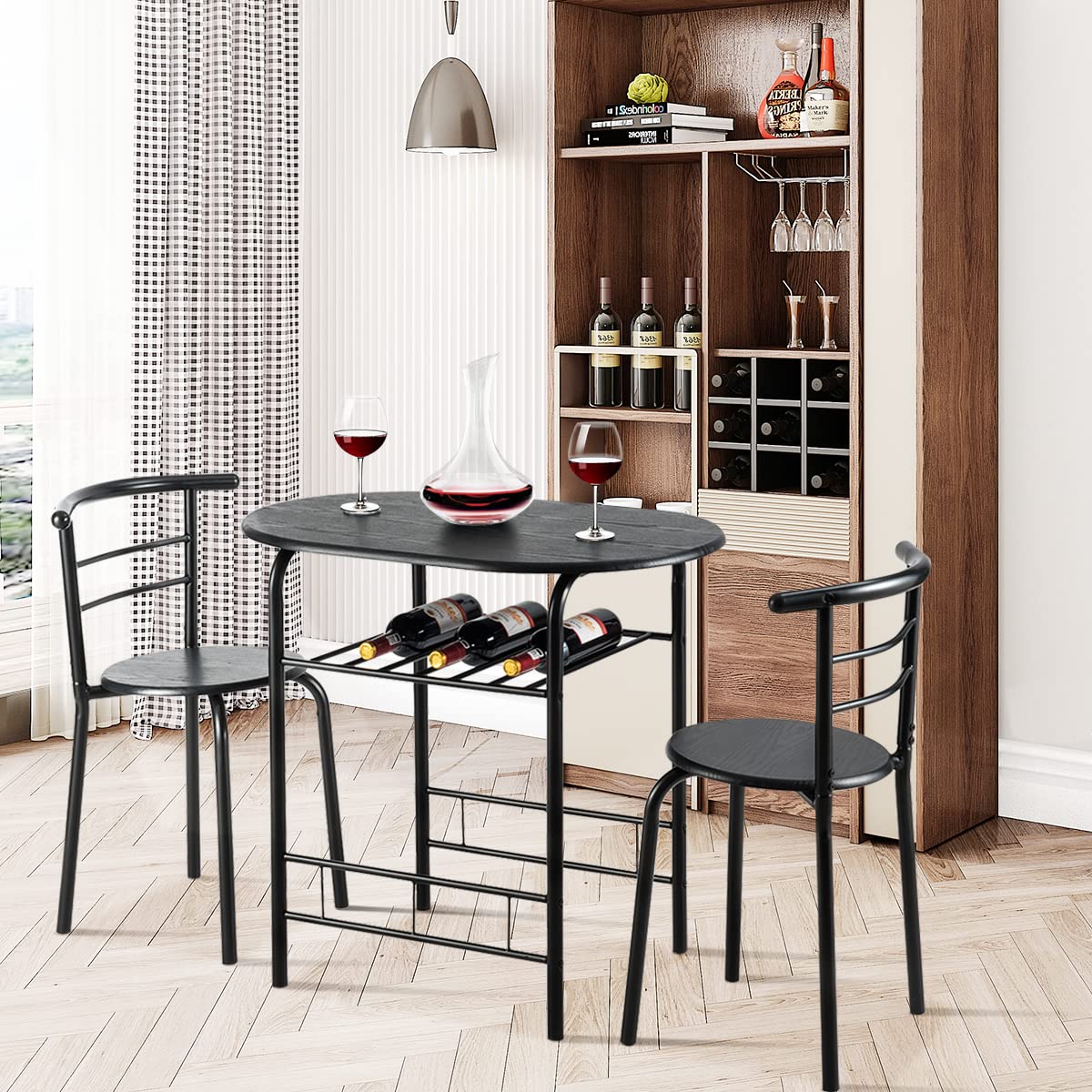 LIFEZEAL Set di 1 Tavolo da Pranzo e 2 Sedie da Cucina, per Colazione, Ergonomico, Schienale Alto, Telaio in Metallo, Sala da Pranzo, Cucina, Ristorante, Balcone, Montaggio Facile, 3 Pezzi, Nero