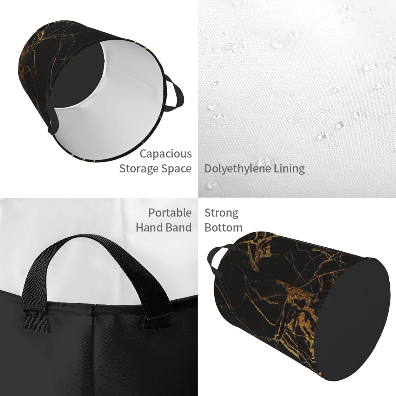 3D Stylish Gold Marbling Texture Print Foldable Laundry Hamper Circular Clothes Bin for Bedroom Bathroom Household Items