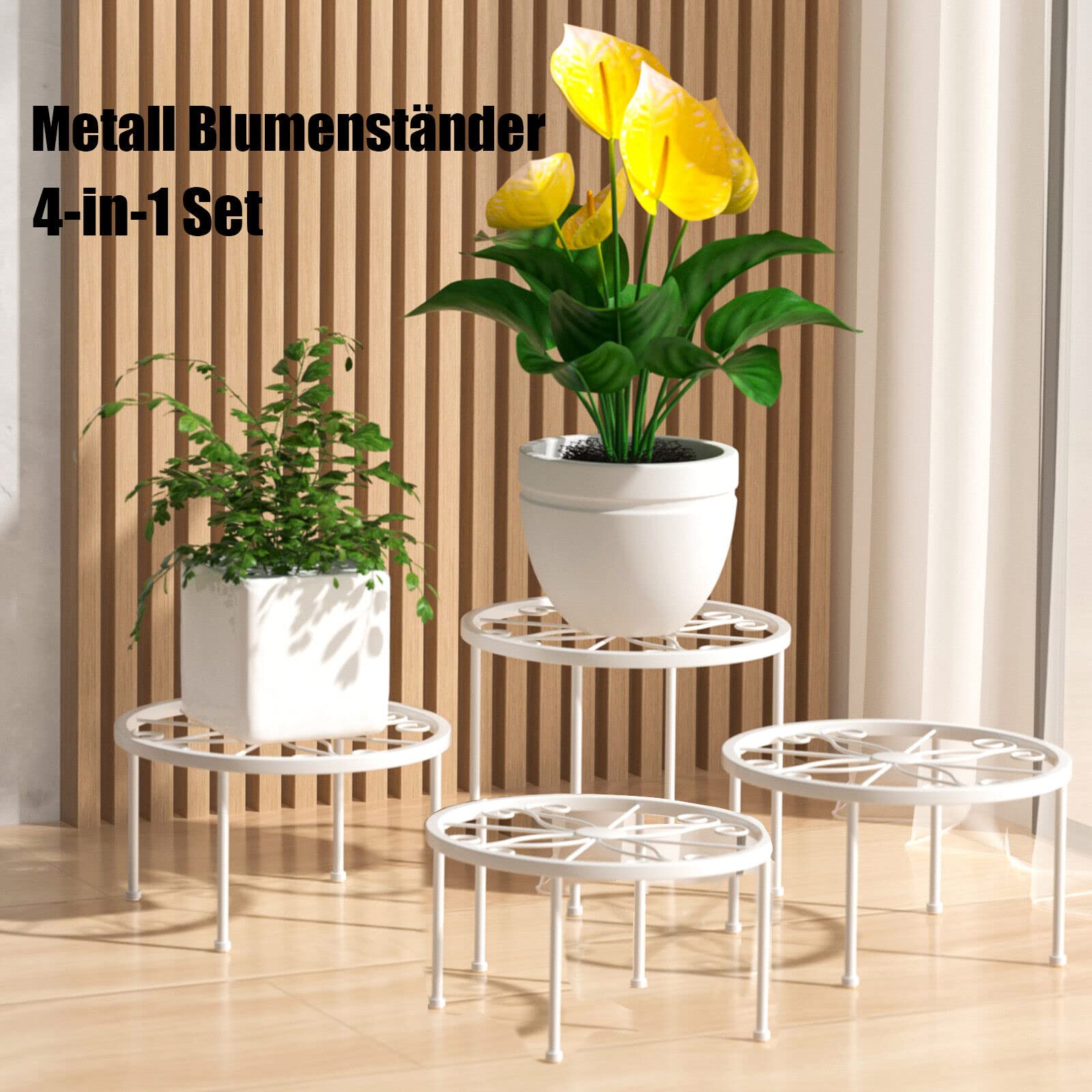 Blumenständer 4-in-1 Set, Blumenhocker aus Metall, dekorativ für Garten/Terrasse (Weiß)