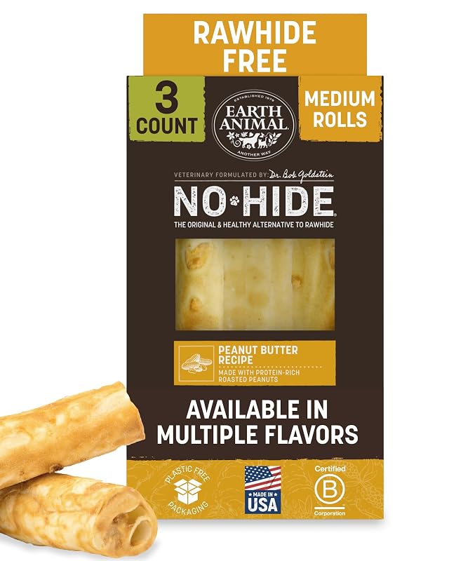 Petisco mastigável para cães médios sem couro cru com sabor de pasta de amendoim Earth Animal, Pacote com 3