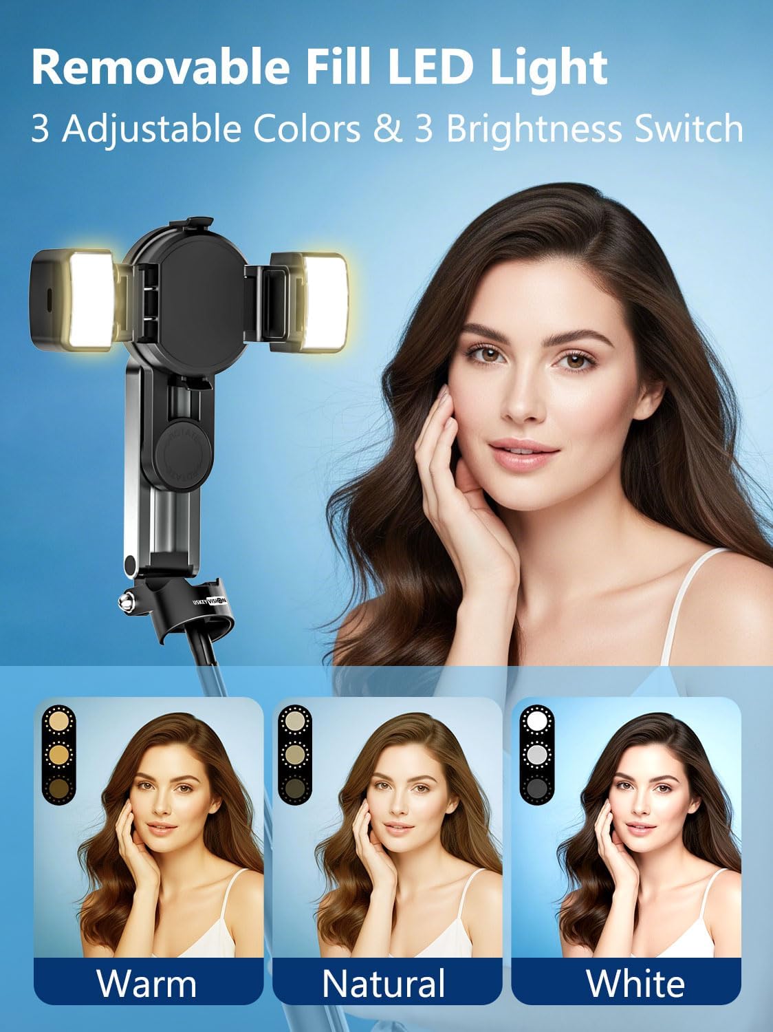 A smartphone mounted on the selfie stick with two removable LED fill lights attached to the sides, demonstrating their use for improved lighting.