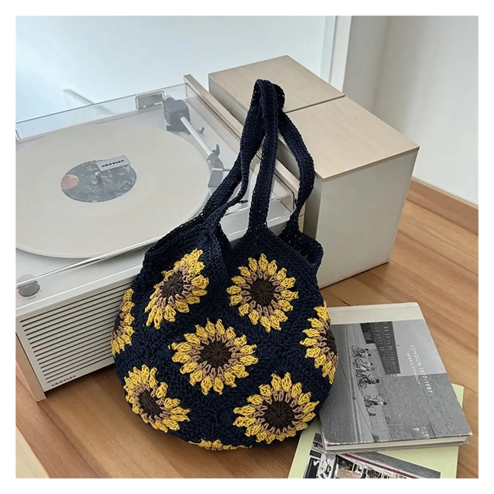Bolso Ganchillo Flores Bolso de punto de ganchillo floral de moda, bolso de hombro bohemio hecho a mano, bolso de mano informal de gran capacidad for mujer, bolso de verano