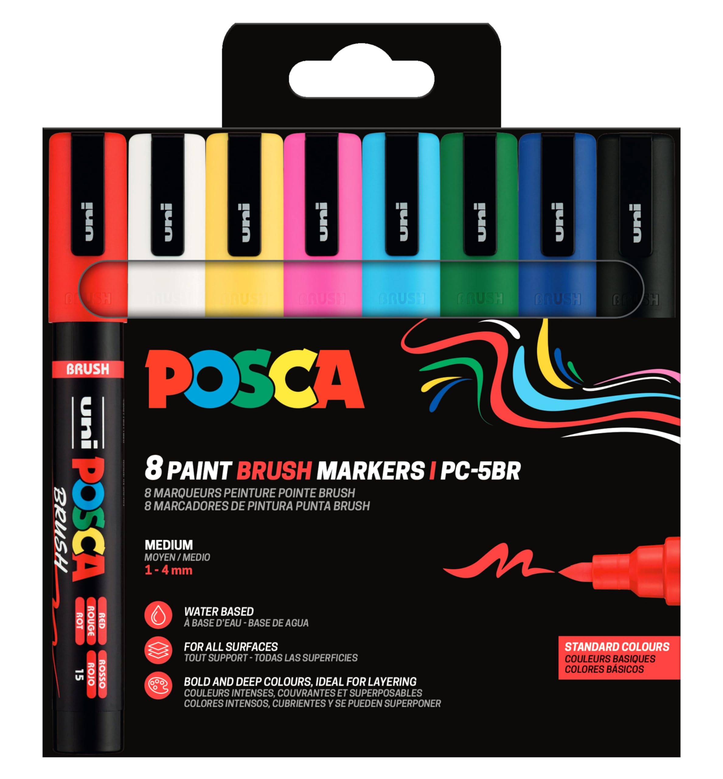 POSCA - zestaw markerów akrylowych Brush Pen PC-5BR, 8 kolorów | Marker z elastyczną końcówką pędzelkową 1-4 mm do niemal wszystkich powierzchni