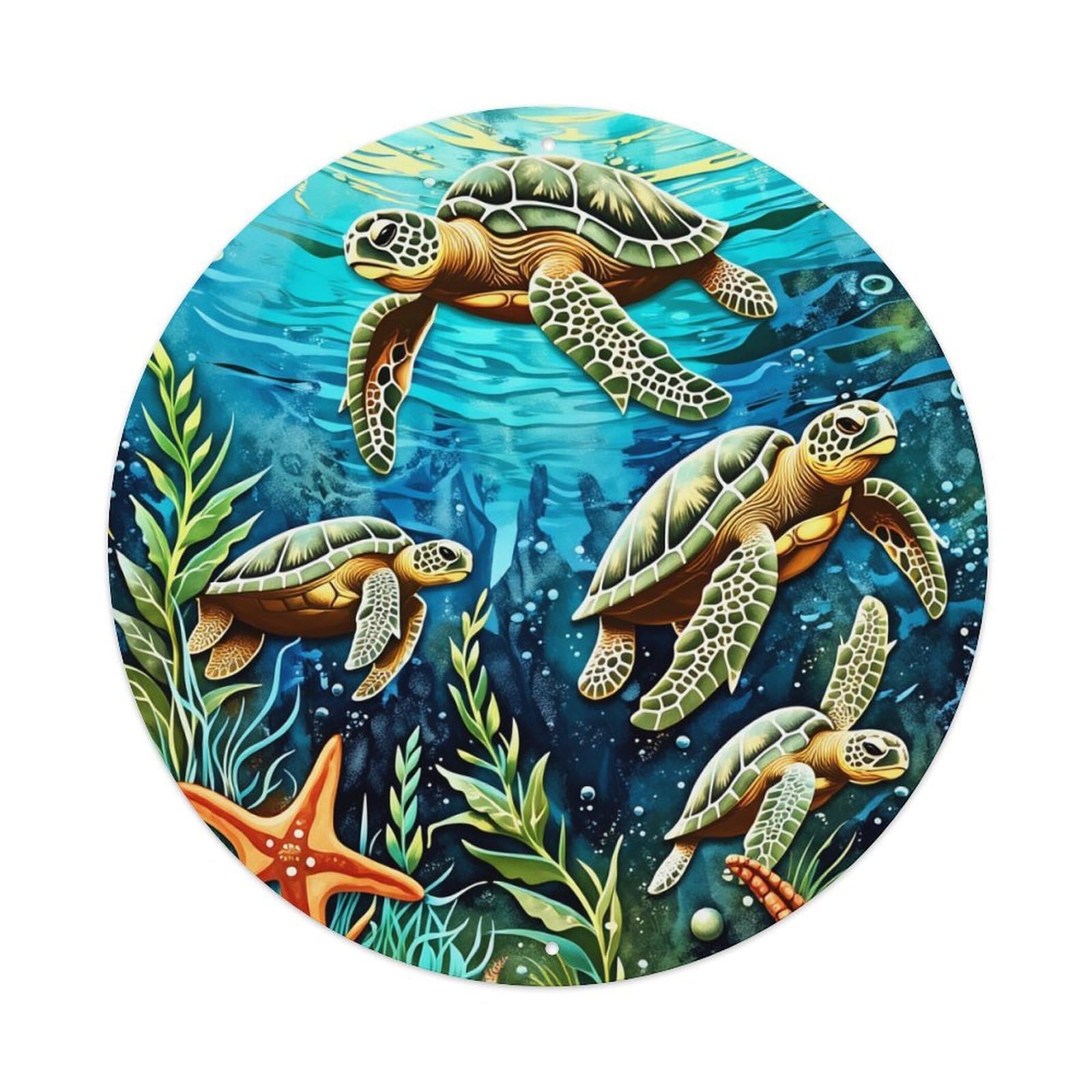 Sea Turtles And Starfish Pattern Round Tin Sign Retro Metal Sign for Cafe Bar Pub Home Game Room Gym Club Wall Decoration Vintage Metal Poster 8x8 Inch