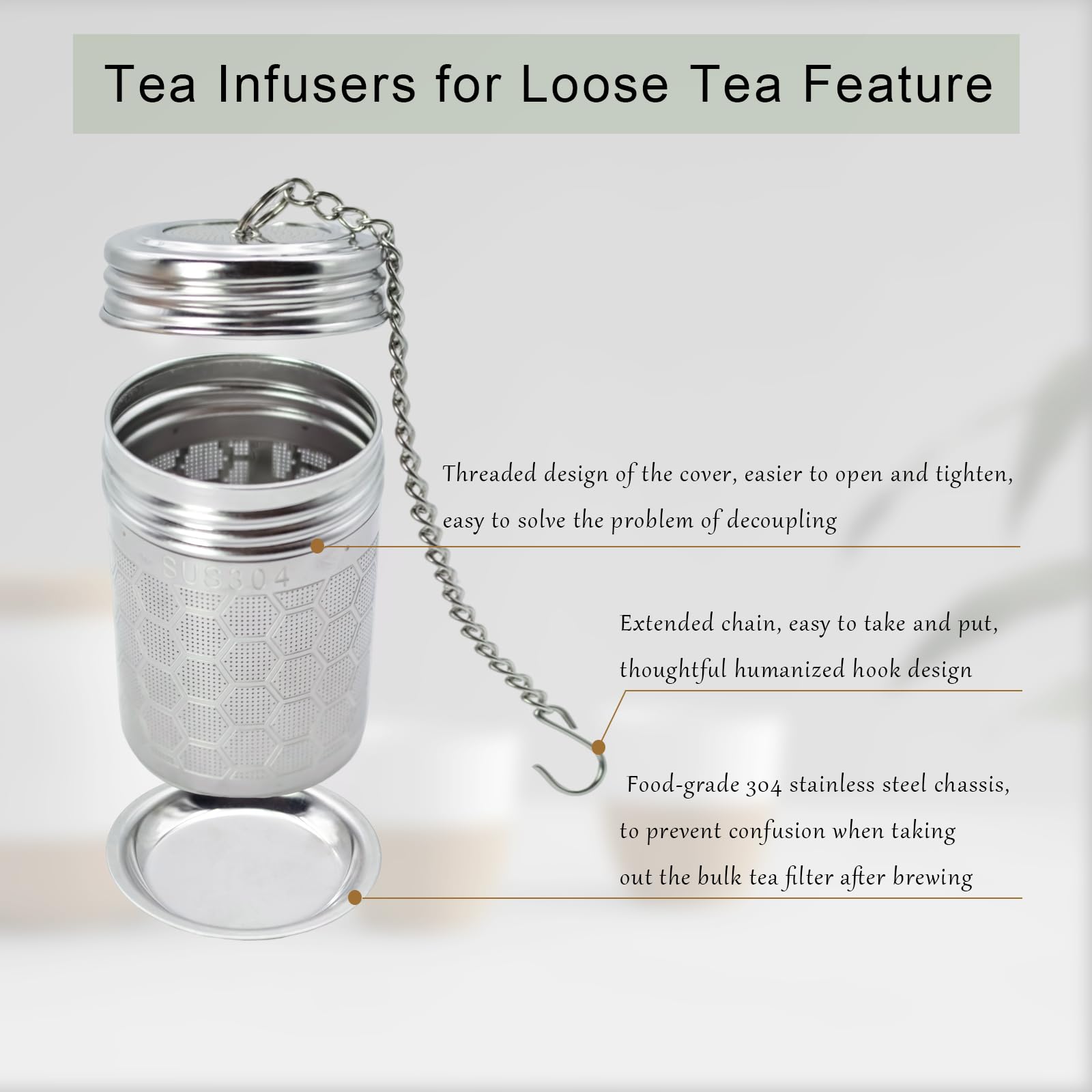 Infusor de té para té suelto, acero inoxidable, hojas sueltas, colador de té de malla fina con cadena larga y 1 bandeja de goteo, jarra infusora de té caliente para té suelto, té de hierbas,