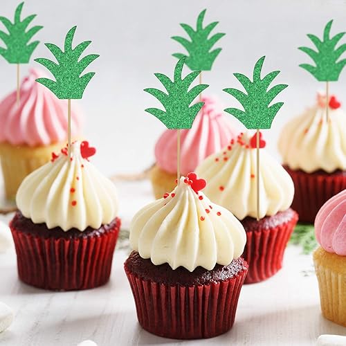 Miniatura 6 de 48 piezas de decoración de cupcakes de hojas de palmera de piña verde con purpurina tropical, palillos de dientes Luna, decoración de pastel de