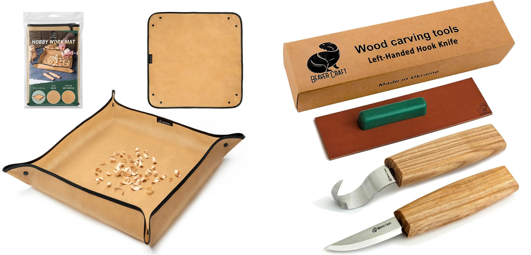 BeaverCraft Löffelschnitzmesser Set S01L mit Arbeitsmatte MS – Holzlöffel Schnitzwerkzeug für Linkshänder – Hakenmesser & Schnitzmesser für Schalen & Kuksa mit faltbarer Schnitzmatte für Anfänger