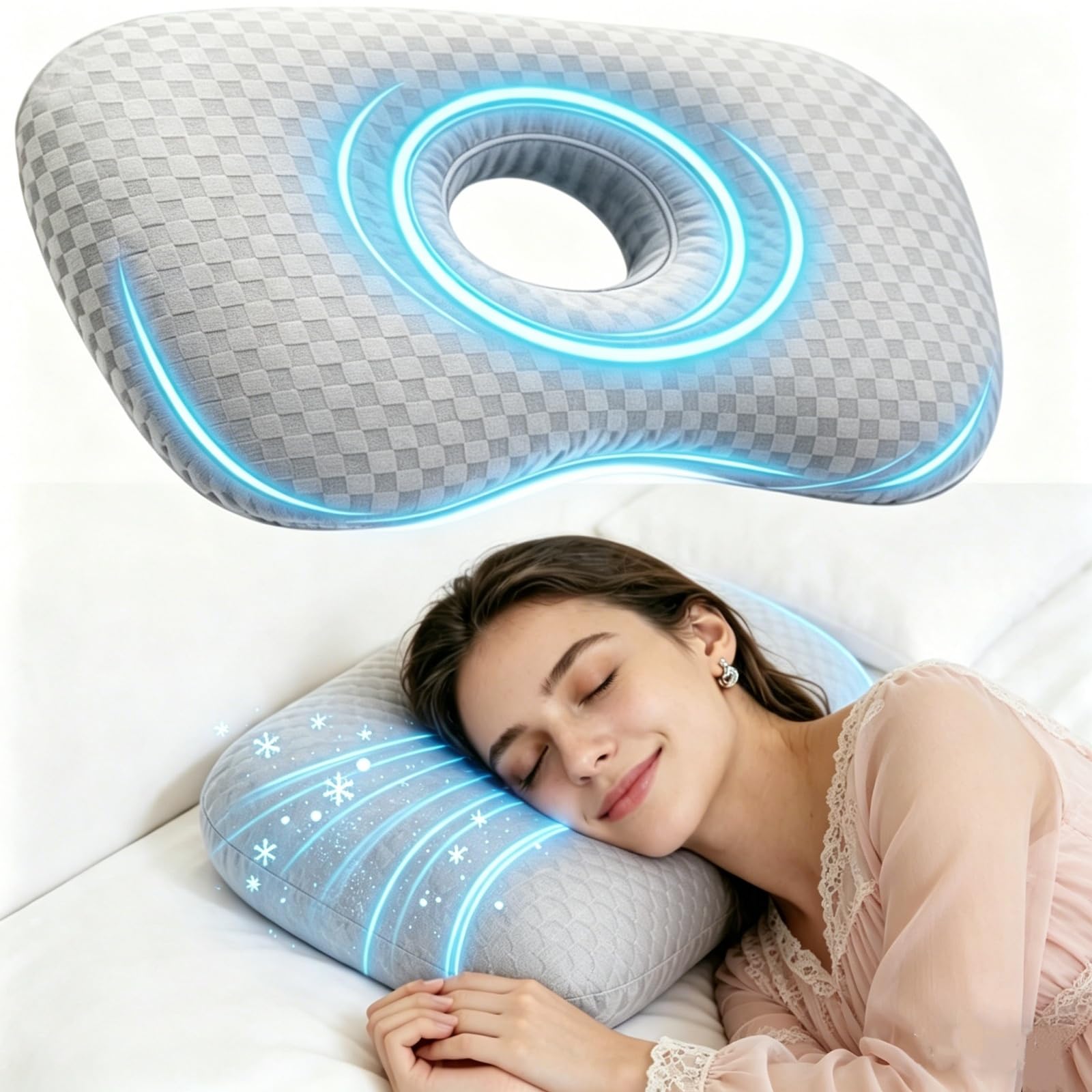 TourKing Ear Piercing Pillow with Large Ear Hole for Side Sleepers, Ear Guard Pillow Relieves Ear Pain & Piercing Pressure Sores, Washable Adjustable Support Pillow for Earrings Healing, Grey