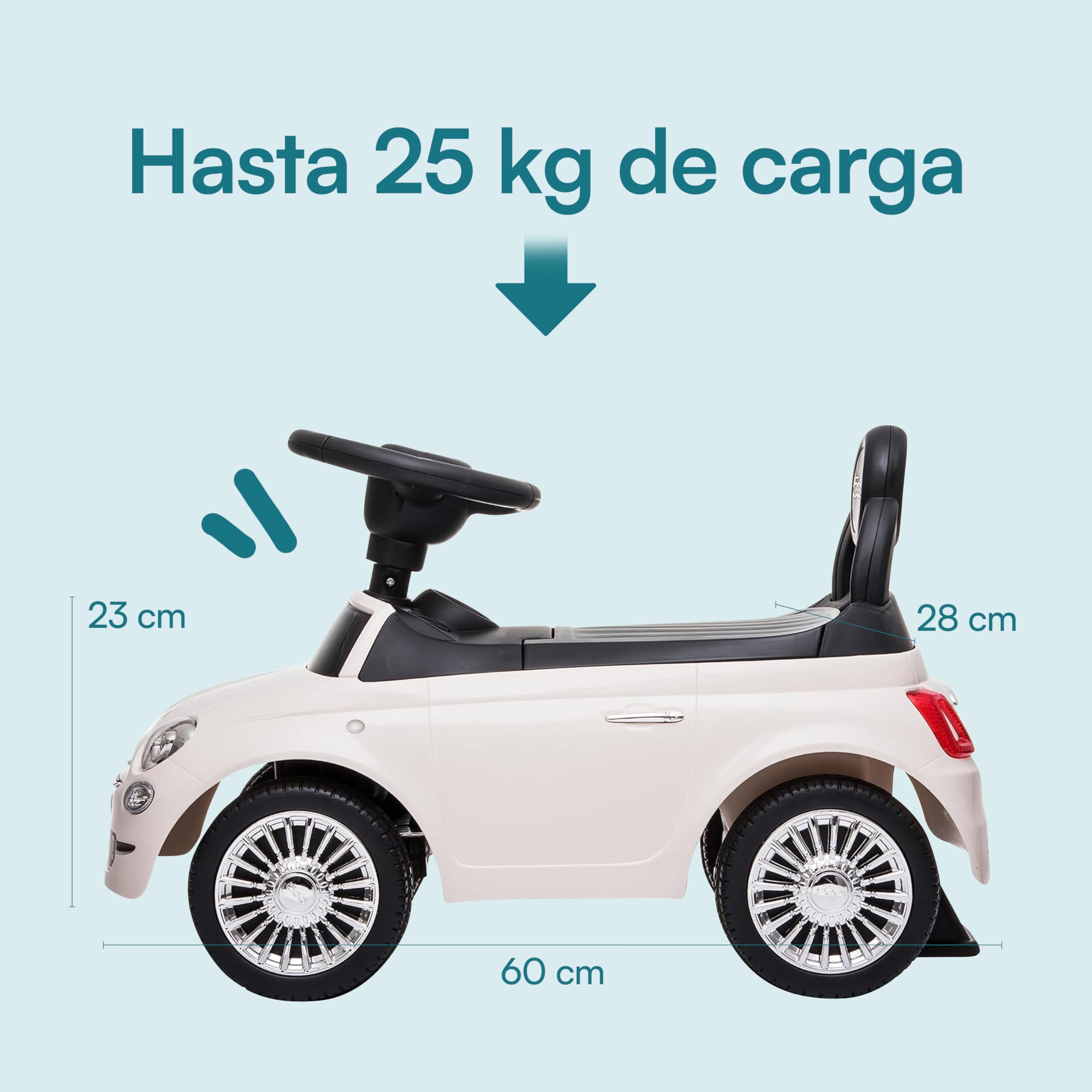Baroni Toys Fiat 500 Coche de Paseo para Niños de 12 a 36 Meses, Volante con Claxon y Sonidos, Compartimento Portaobjetos y Respaldo, Coche Infantil para Aprender a Andar, Blanco, 28x60x23 cm