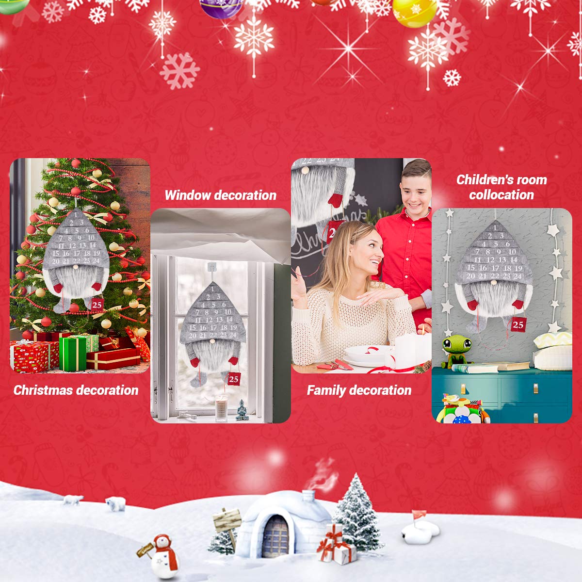 Calendario Dell'Avvento del Tessuto, Calendario Avvento Stoffa, Calendario di Natale, Calendario Peluche per Vecchio Nella Foresta, 24 Taschini, Regali di Natale, Decorazioni per la Casa,64*39cmgrigio