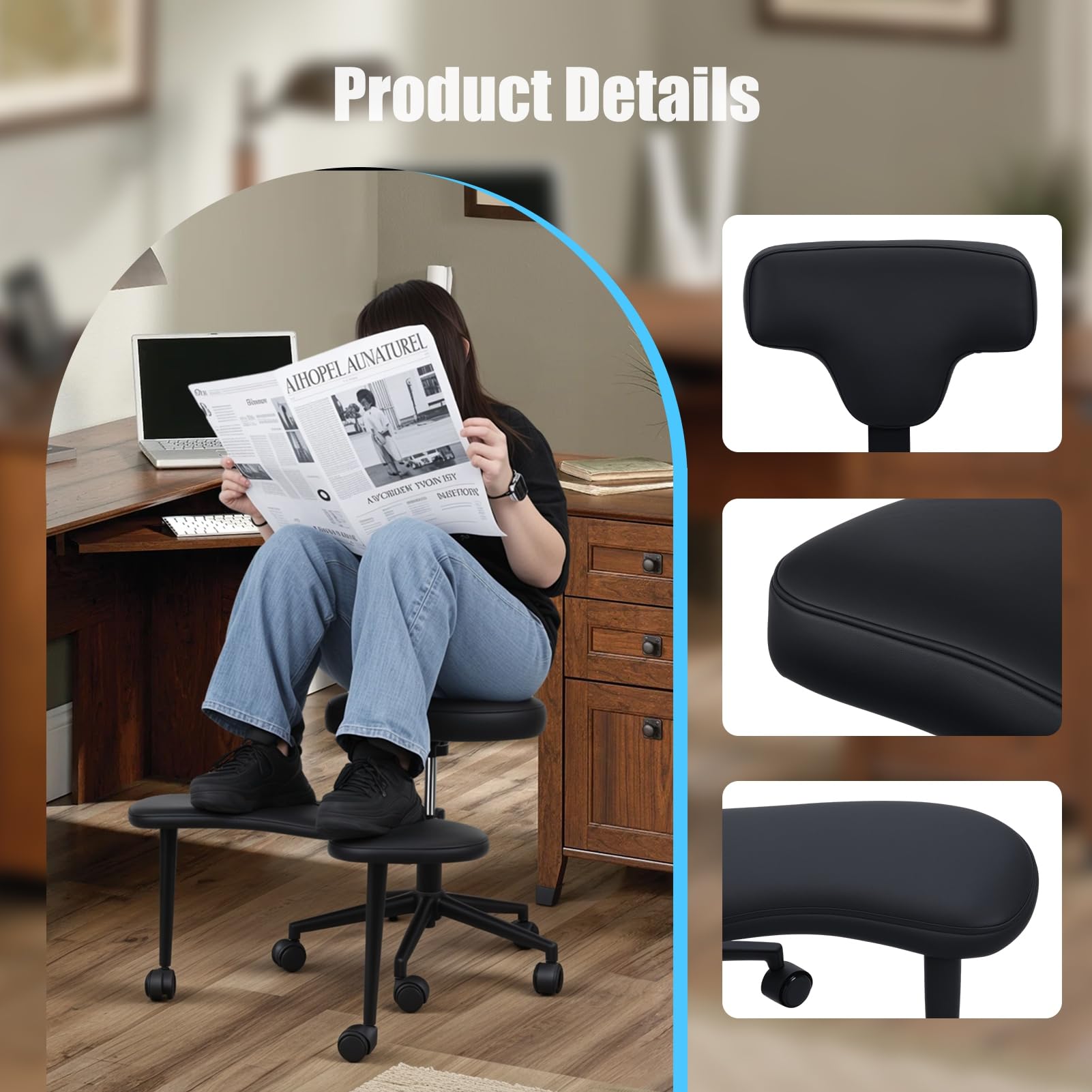 Silla de oficina ergonómica con patas cruzadas, silla de pierna cruzada con ruedas y reposapiés, silla giratoria de 360°, cojines más anchos y gruesos para silla de meditación, escritorio de