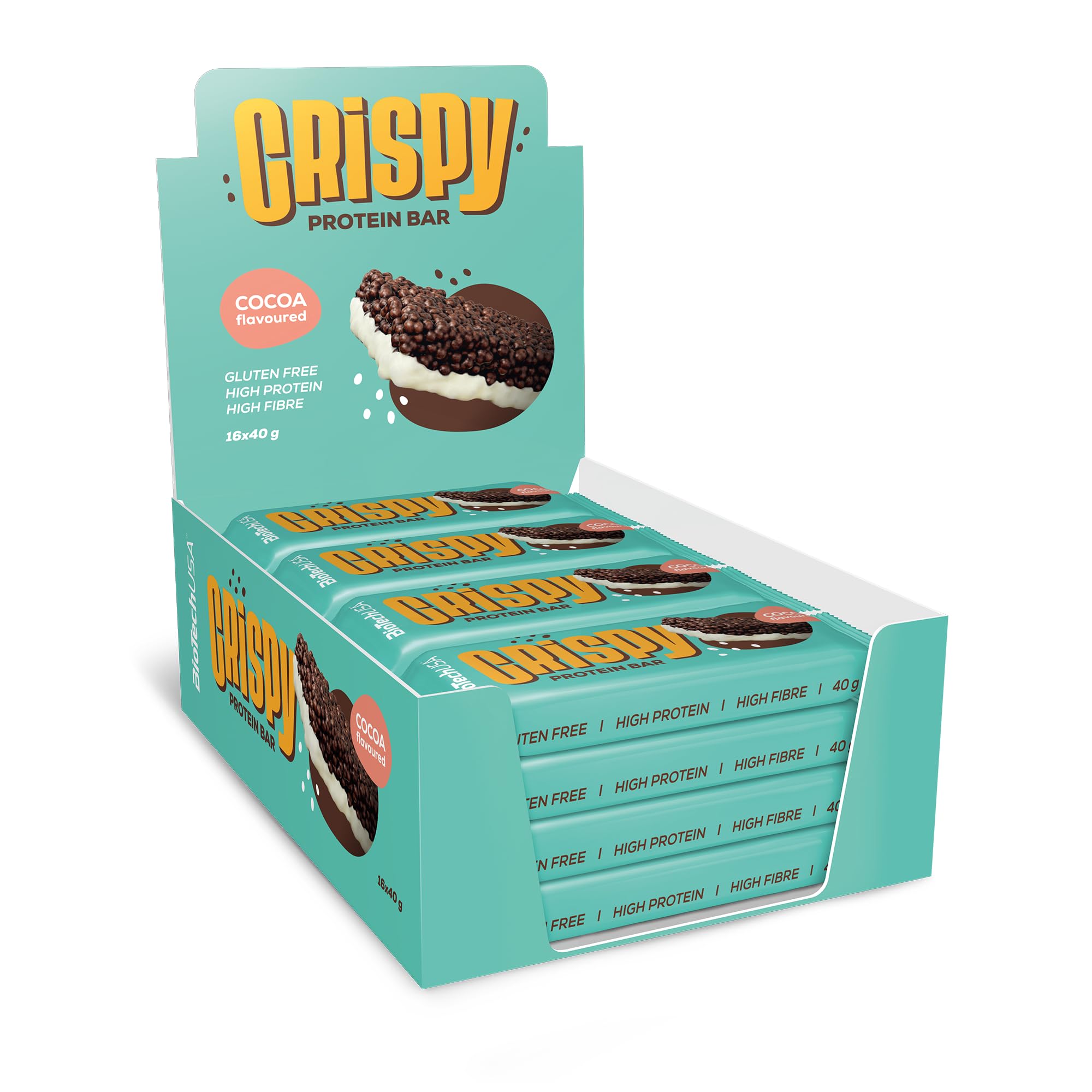 BioTechUSA Crispy Protein Bar | Sucré et croquant | Délice riche en protéines | Soutien énergétique et musculaire en déplacement, 16x40g, Chocolat