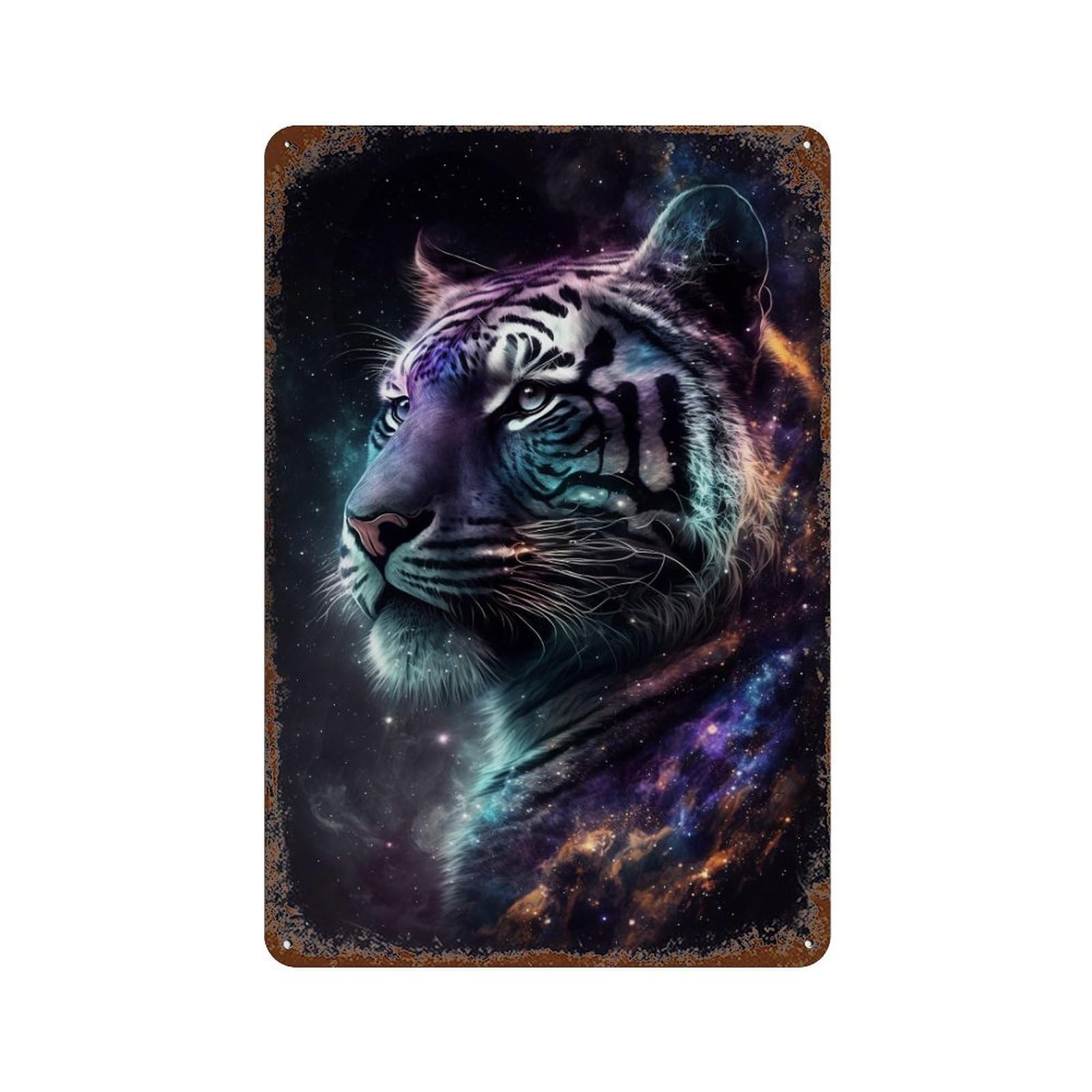 Garage Style Cosmic Tiger Portrait-30 Aged Metal Wall Plaque 11.8"x7.9", Vintage Wall Decor for Bar And Workshop