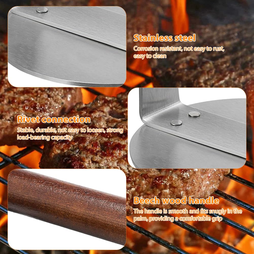 Prensa para hamburguesas, acero inoxidable con mango de madera, prensa redonda para hamburguesas, fácil de limpiar, para parrilla de tapa plana, carne, hamburguesa, carne, tocino, salchichas