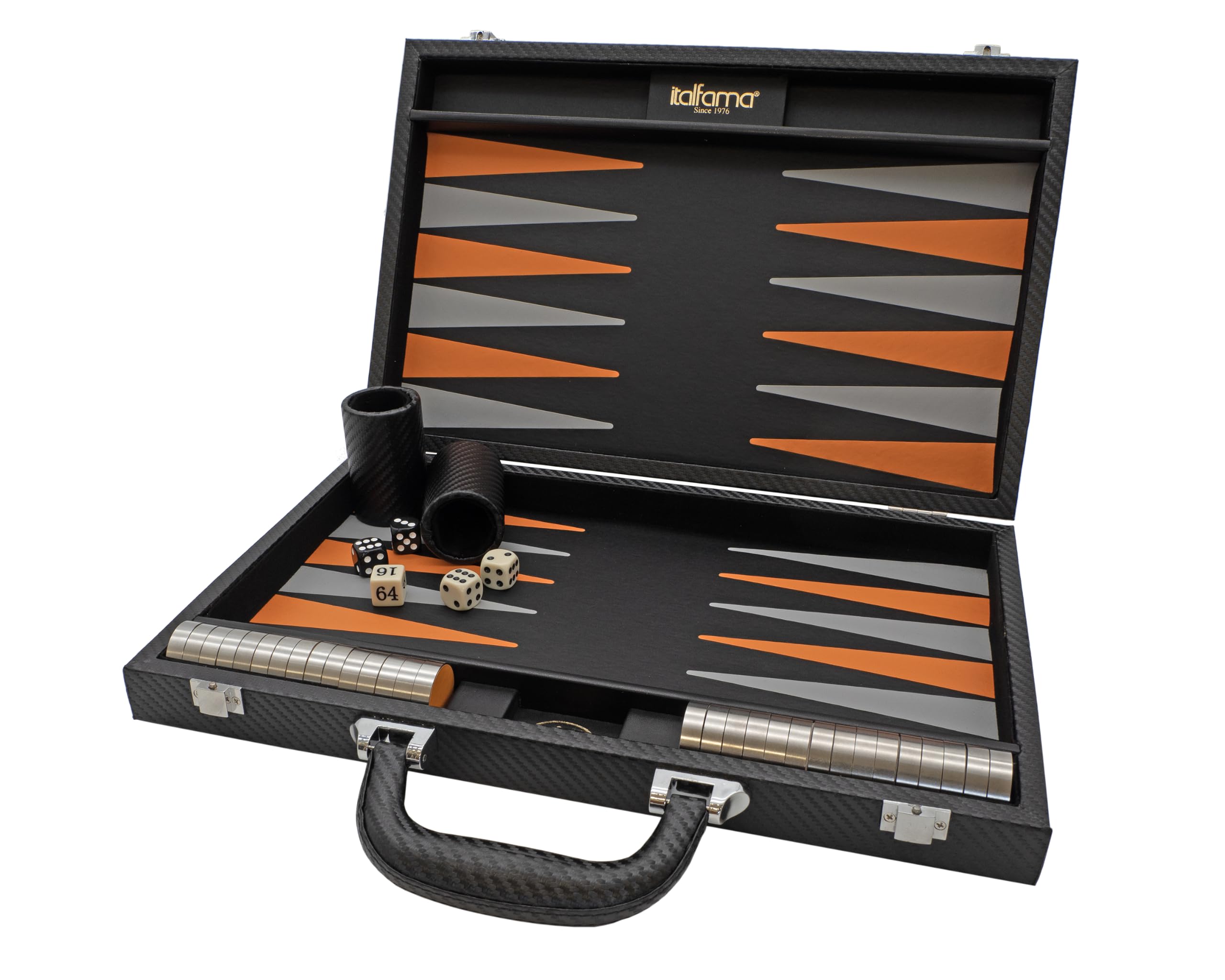 Backgammon pieghevole in similpelle nero e arancione