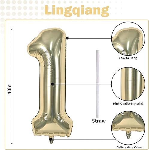 Miniatura 2 de Globos dorados champán del número 1, 40 pulgadas, globos grandes de helio de aluminio dorado claro número 1 para niñas y mujeres, globos de números