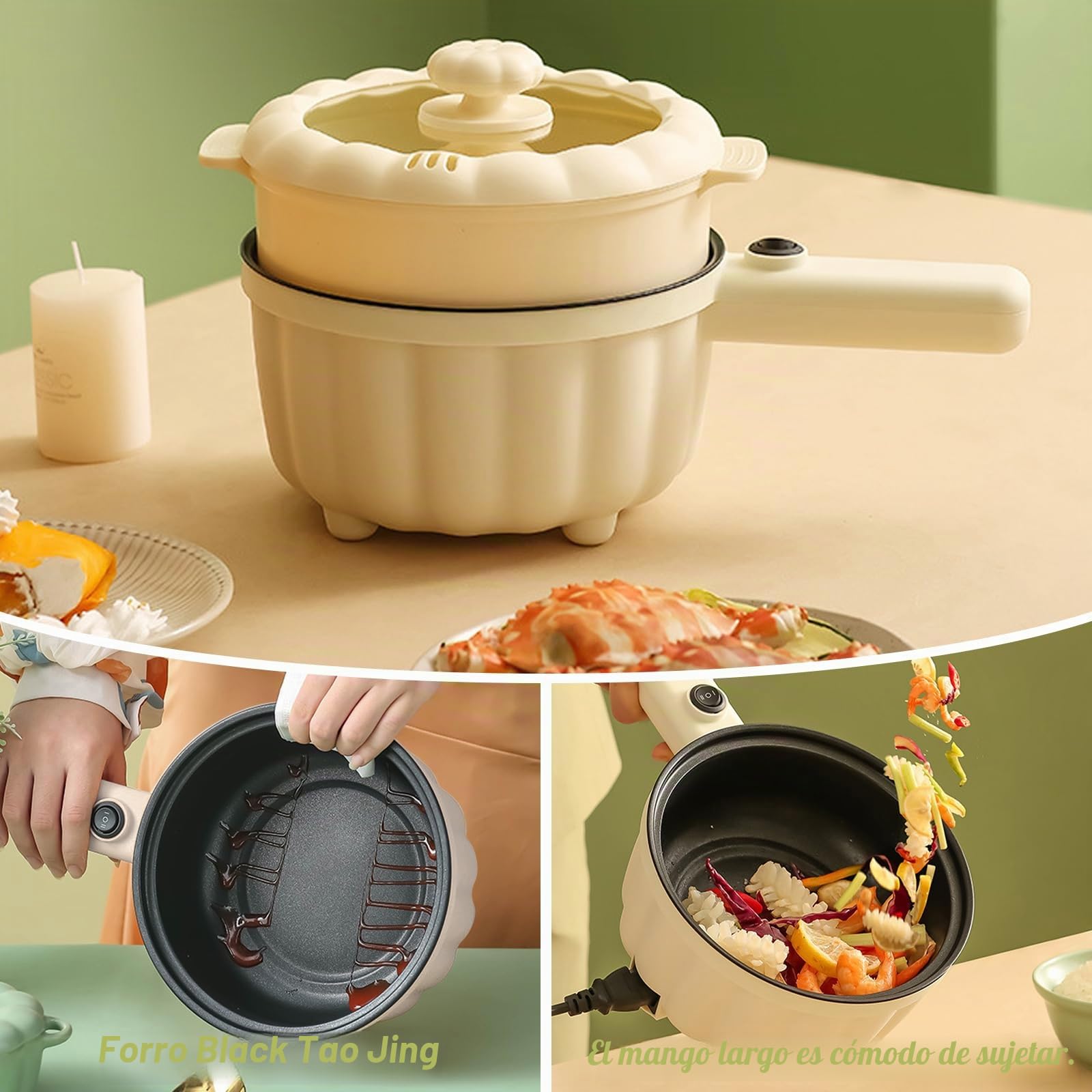 Olla eléctrica de 2 litros con vapor, olla caliente eléctrica, mini multicocina antiadherente, antiadherente mini sartén eléctrica, cocina ramen rápida para el hogar, oficina dormitorio