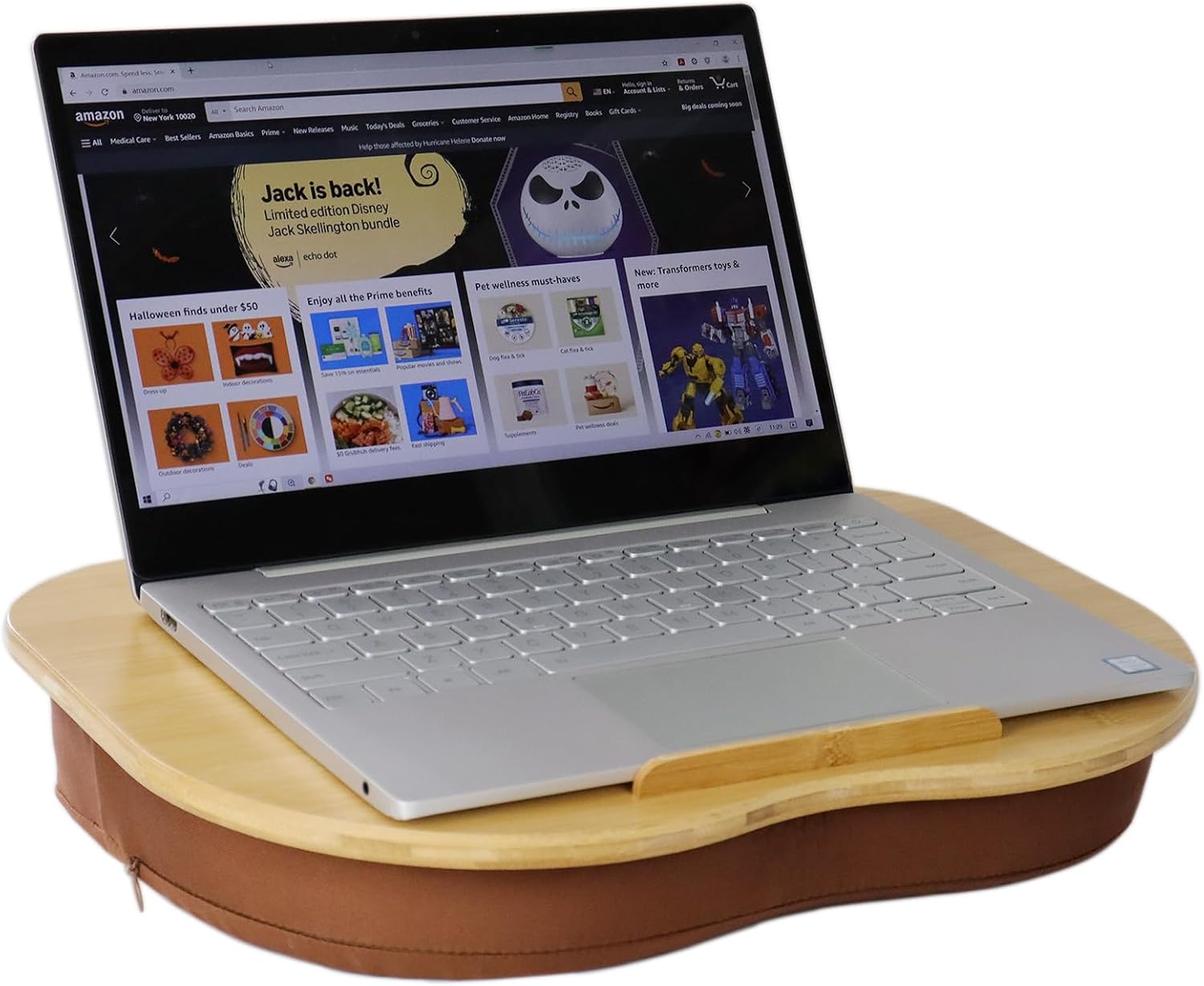 Lap Desk for Laptop with Cushion-Fits up to 15 inch, Bamboo Computer Laptop Stand with Phone Hoder, Anti-Slip Stopper