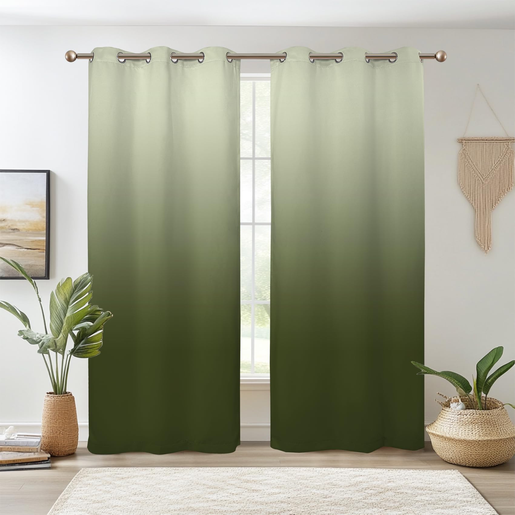 Renaiss Green Ombre Blackout Curtains, Gradient Color Thermal Insulated Window Curtain for Living Room, Polyester Grommet Top Window Drapes for Bedroom (42W x 96L / 2 Panels Per Set)