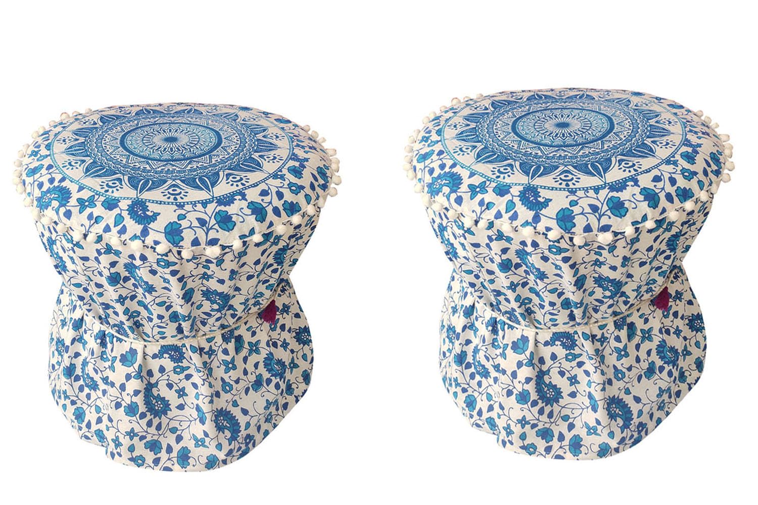 Rajasthaniartdecor Set of Two Footstool Bamboo Cover Mudda Ottoman Pouffe Cover Size 17x18 Inches Set of 2 Pieces (Cover Only)-image-31
