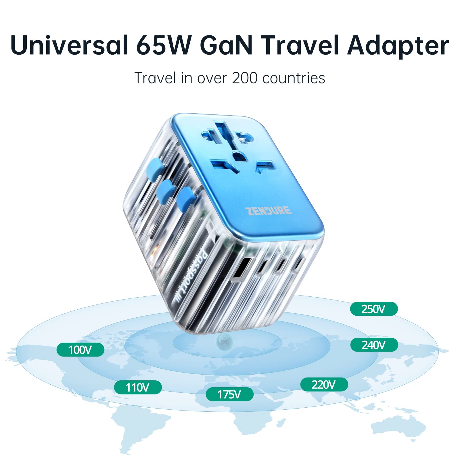 Zendure Adattatore Universale da Viaggio, Apple Alimentatore USB C da 65W, 1 USB-A, 4 USB-C, 1 AC Presa, Ricarica Rapida (PassPort III=Adattatore da Viaggio+Alimentatore+Hub USB)