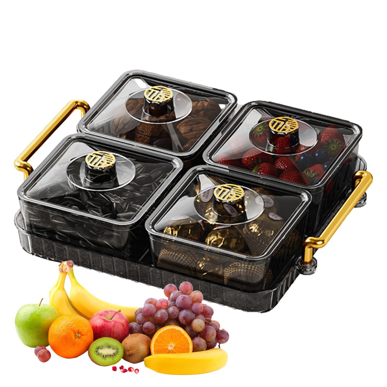 Generic Divided Snack Tray | Portable Clear Elegant Removable Fashion Sectioned Serving Tray With Lid & Handle For Snacks Appetizers Nuts Candy
