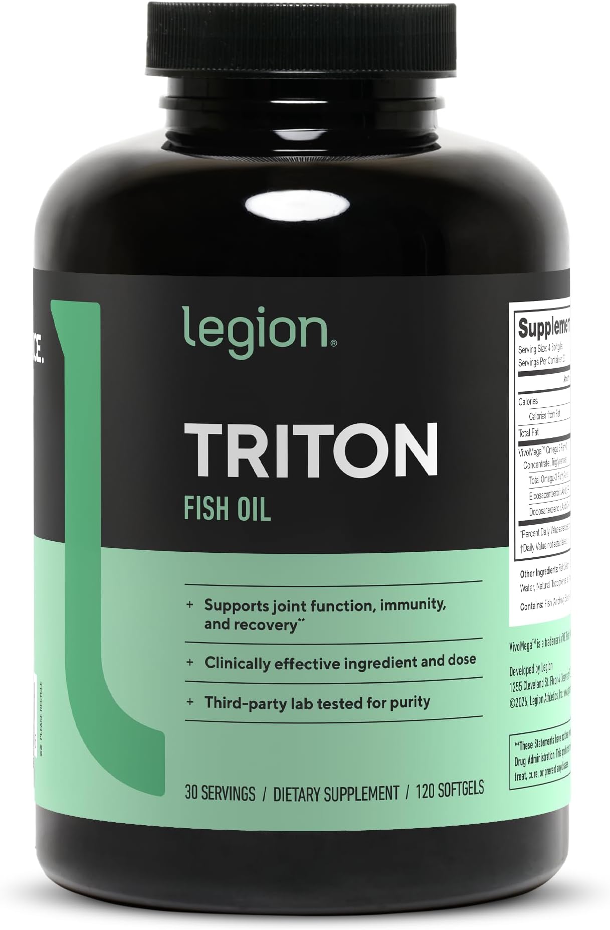 LEGION Triton Fish Oil Capsules - Triple Strength Omega 3 Essential Fatty Acids with Vitamin E & Lemon Oil for Maximum Absorption, Freshness & Purity - 2400mg EPA & DHA Per Serving, 30 Svgs