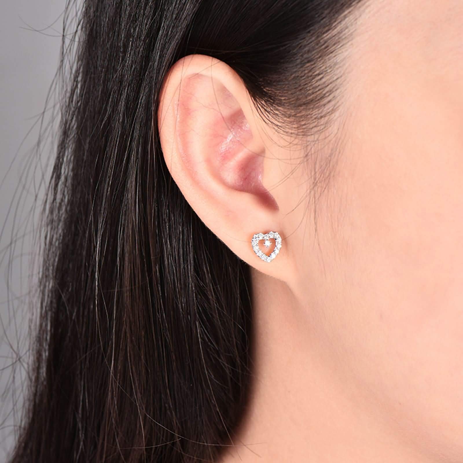 9K / 14K / 18 K Weißgold Ohrringe Hochzeit Damen, Hohl Herz mit Diamant, Ohrringe Silber Damen für Hochzeit