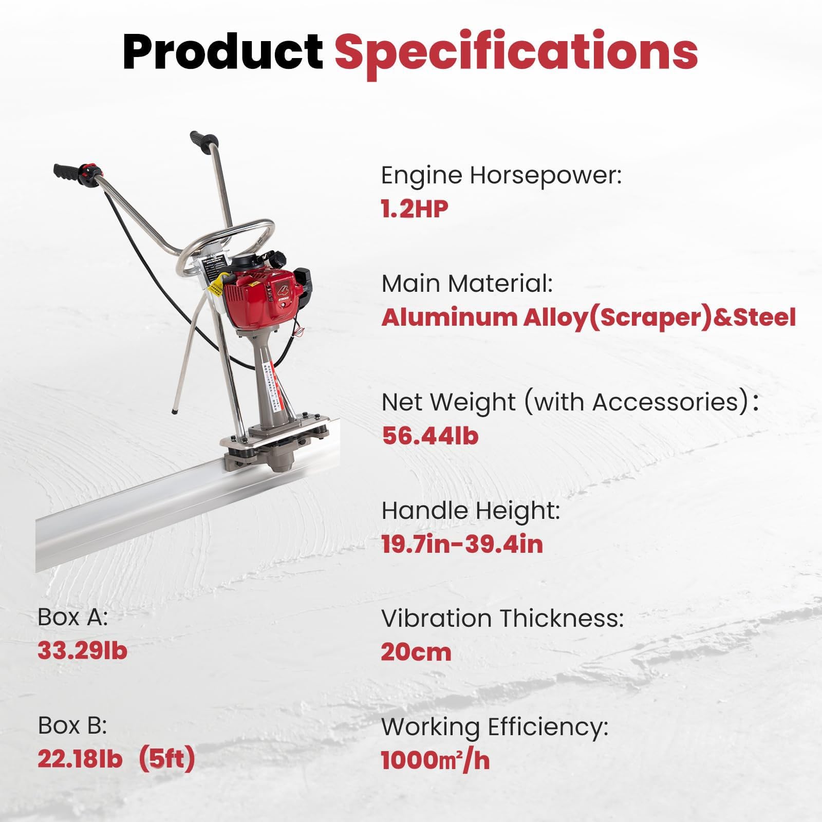 Kit de regla vibratoria para hormigón, herramienta de hormigón con regla de aluminio de 5ft, máquina vibratoria de 4 tiempos para acabado de superficies de cemento en la construcción