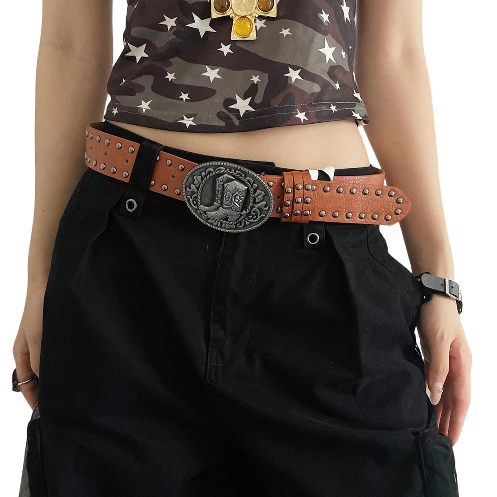 MICFENY Punk Adjustable Women's Belt Embellished with Retro Studs and Carved Detailing for Edgy Fashion Looks