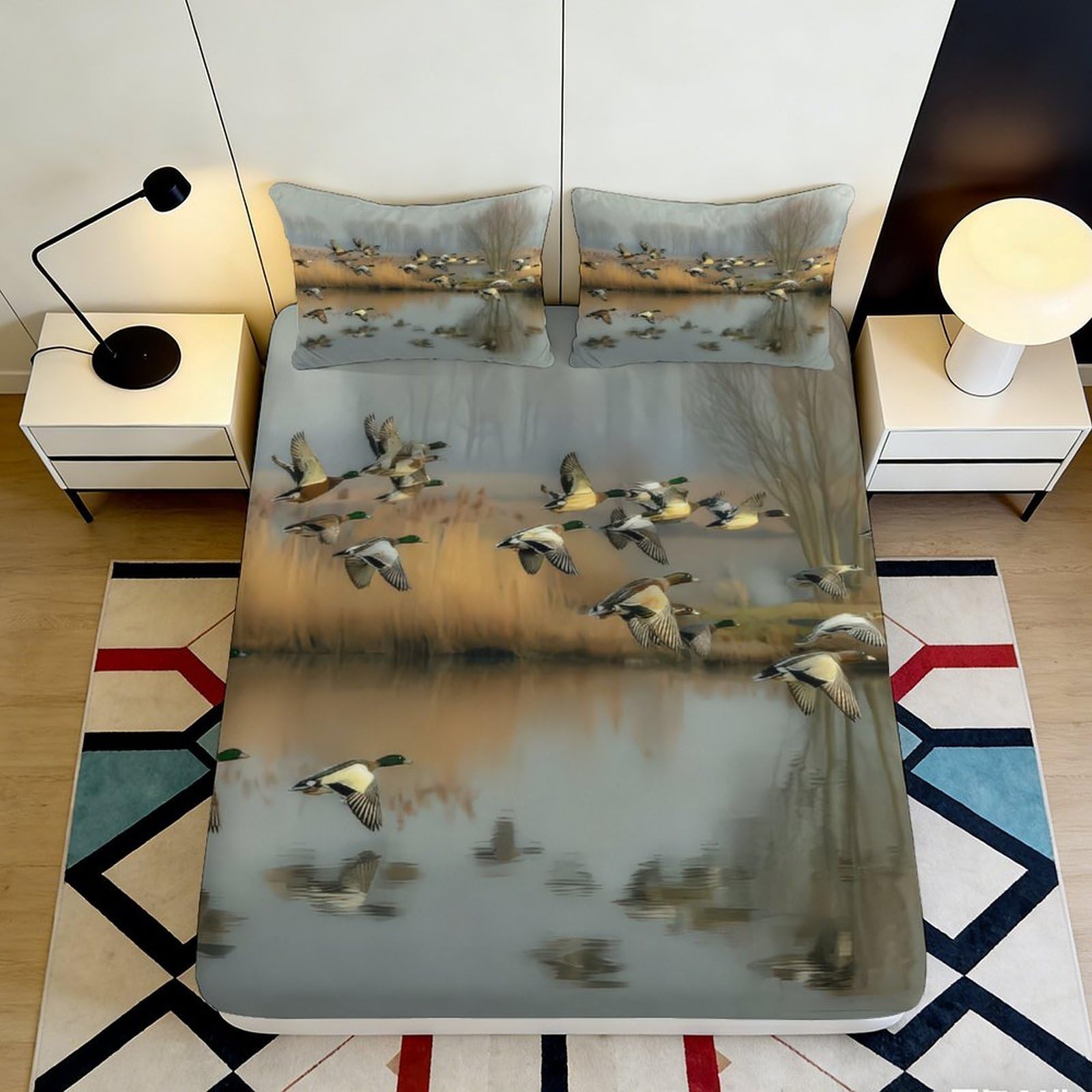 3D Printed Lake Birds Fitted Sheet Microfiber Deep Pocket Bedroom Bedding Lake Scene Mattress Fitted Cover Wrap Non-Slip 140x200x25cm