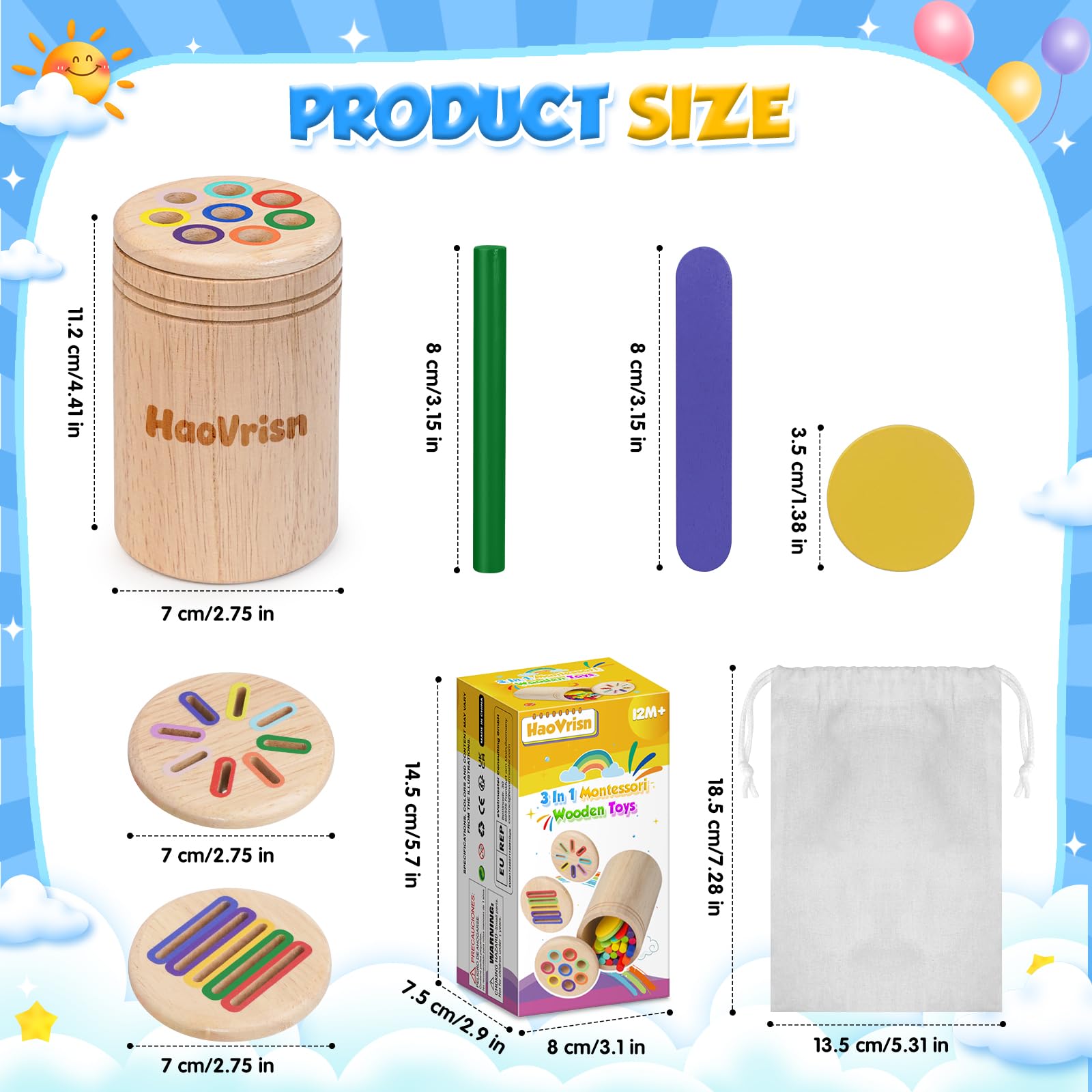 HaoVrisn Giochi Bambini 1 2 3 Anni, 3 in 1 Giochi Montessori 1 2 3 4 Anni, Legno Colori per Bambini 1 2 3 Anni, Gioco Bambino 1 2 3 4 Anni con Borsa per la Conservazione